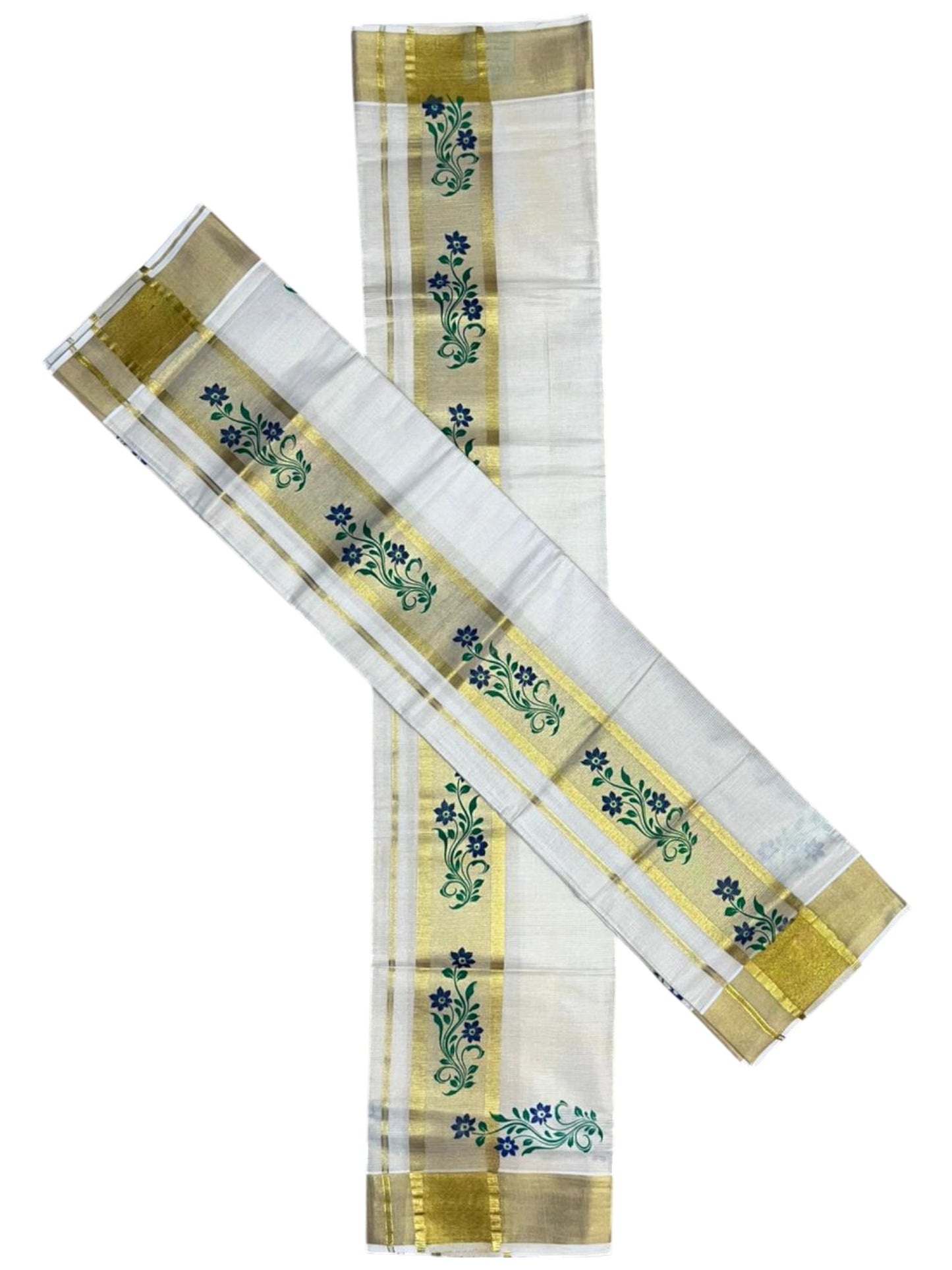 Southloom Pure Cotton Set Mundu with Gold Kasavu and Micro Stripes Across Body with Floral Print in Blue and Green 2.80 Mtrs SL405