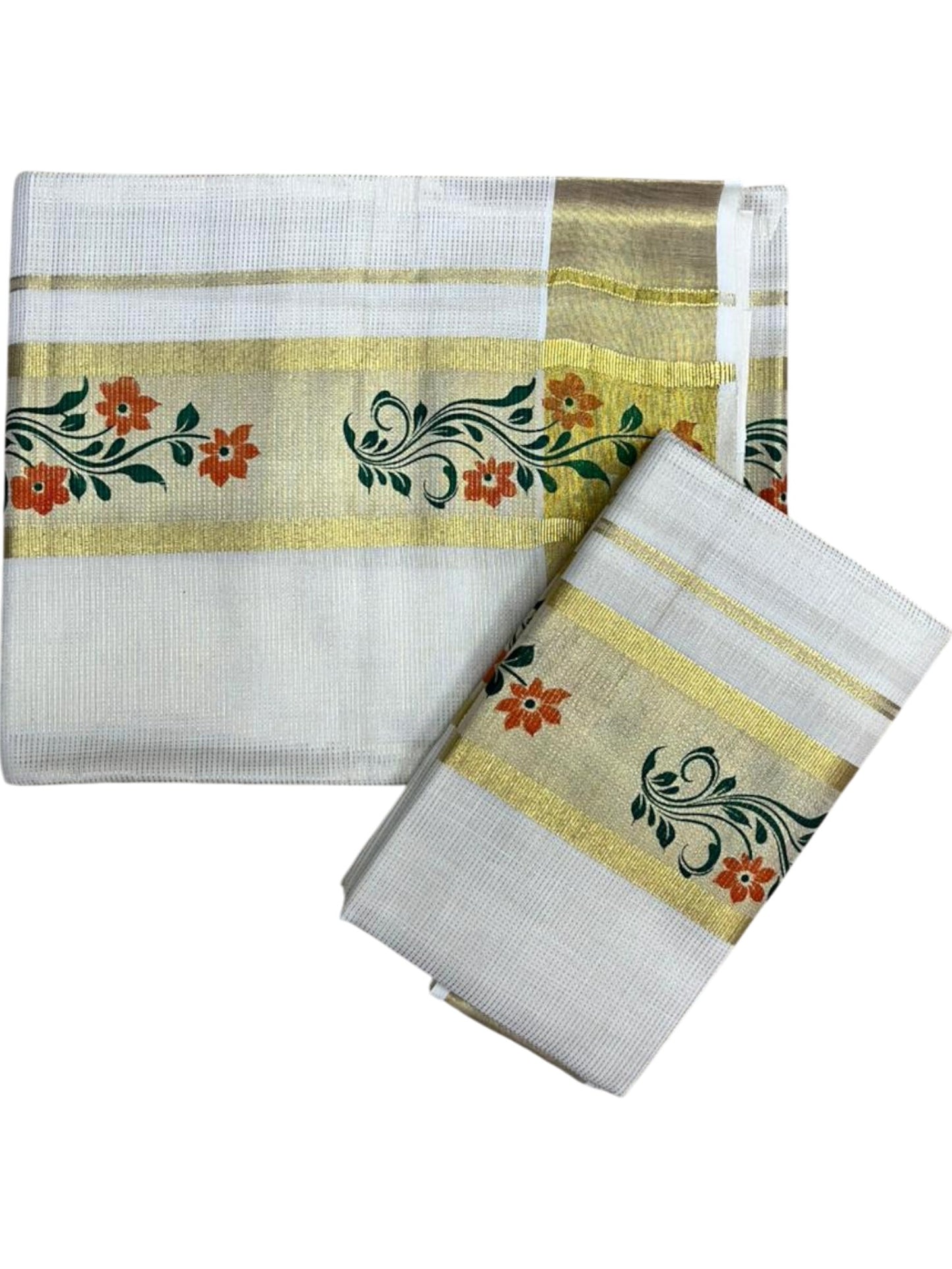 Southloom Pure Cotton Set Mundu with Gold Kasavu and Micro Stripes Across Body with Floral Print in Orange and Green 2.80 Mtrs SL405