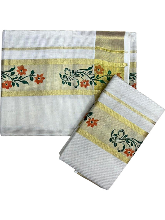 Southloom Pure Cotton Set Mundu with Gold Kasavu and Micro Stripes Across Body with Floral Print in Orange and Green 2.80 Mtrs SL405