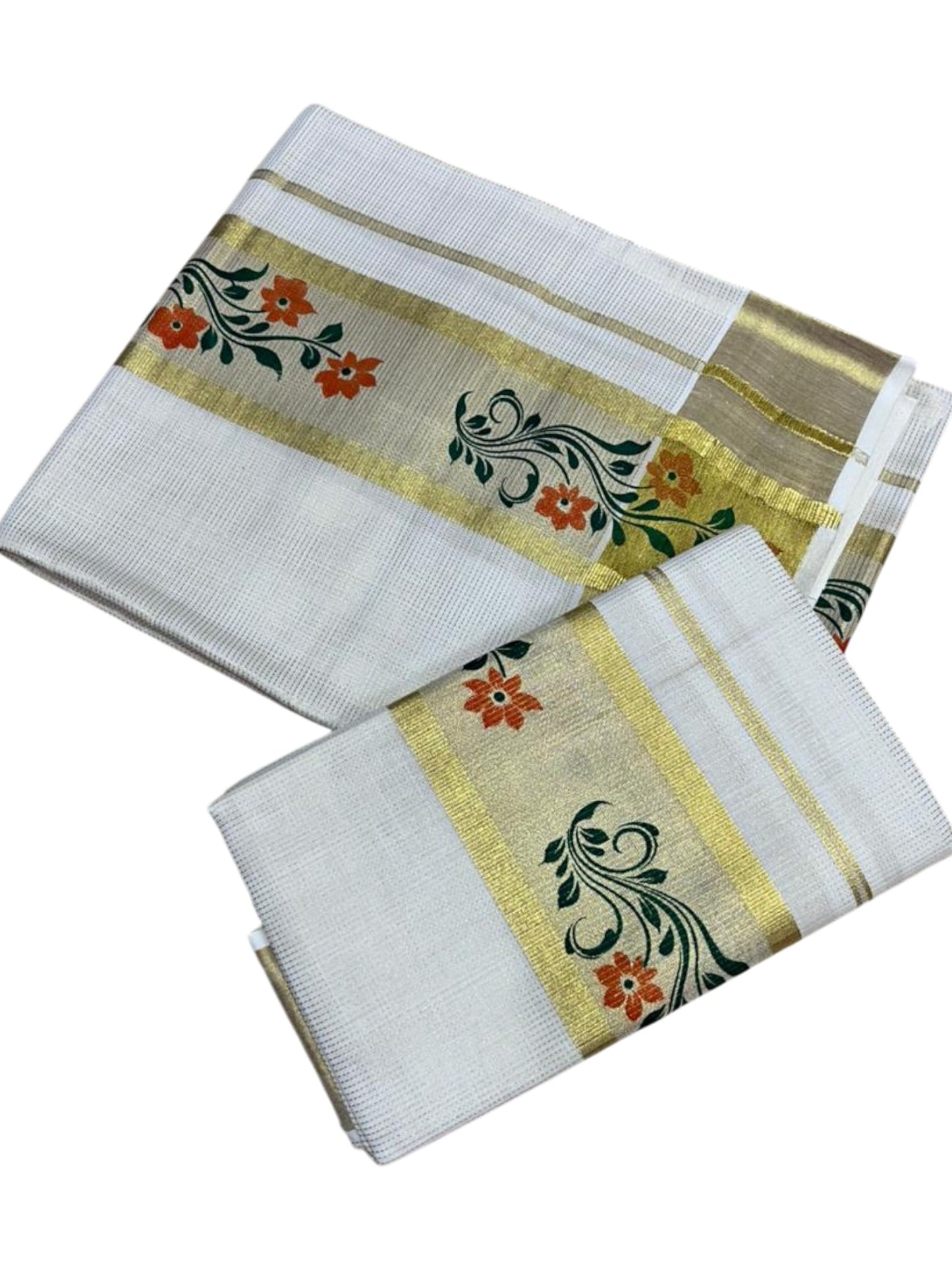 Southloom Pure Cotton Set Mundu with Gold Kasavu and Micro Stripes Across Body with Floral Print in Orange and Green 2.80 Mtrs SL405