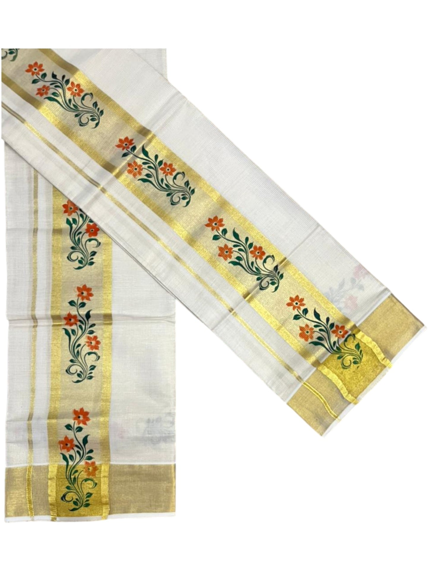 Southloom Pure Cotton Set Mundu with Gold Kasavu and Micro Stripes Across Body with Floral Print in Orange and Green 2.80 Mtrs SL405
