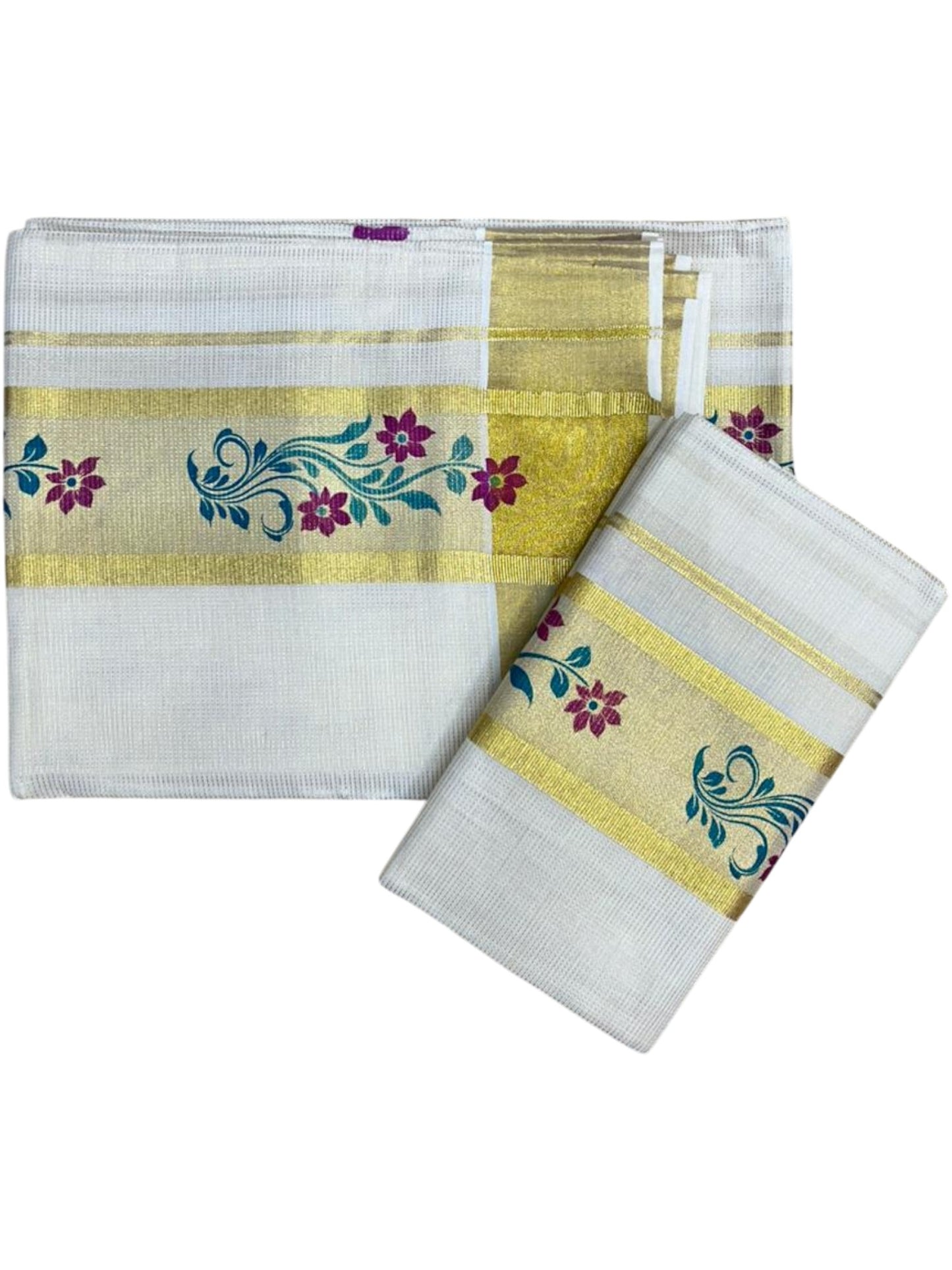 Southloom Pure Cotton Set Mundu with Gold Kasavu and Micro Stripes Across Body with Floral Print in Magenta and Blue 2.80 Mtrs SL405