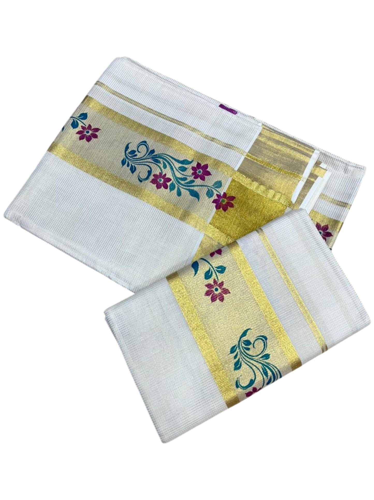 Southloom Pure Cotton Set Mundu with Gold Kasavu and Micro Stripes Across Body with Floral Print in Magenta and Blue 2.80 Mtrs SL405