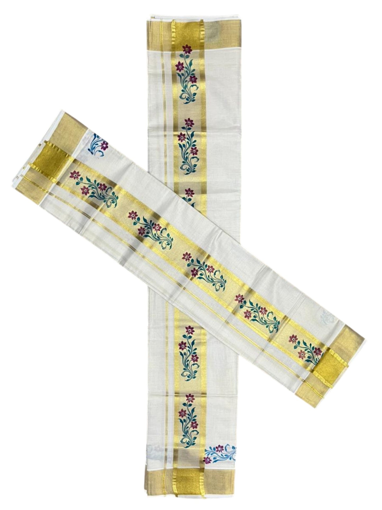 Southloom Pure Cotton Set Mundu with Gold Kasavu and Micro Stripes Across Body with Floral Print in Magenta and Blue 2.80 Mtrs SL405