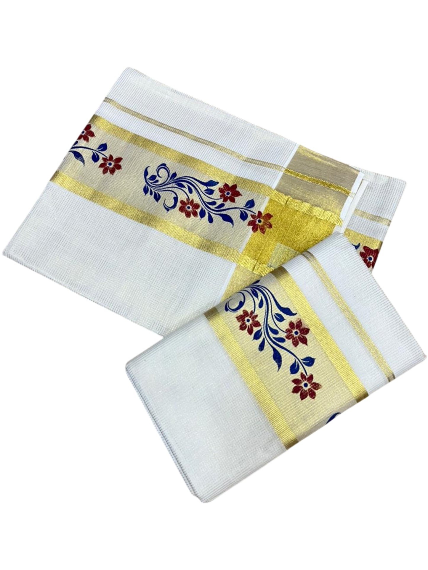 Southloom Pure Cotton Set Mundu with Gold Kasavu and Micro Stripes Across Body with Floral Print in Red and Blue 2.80 Mtrs SL405