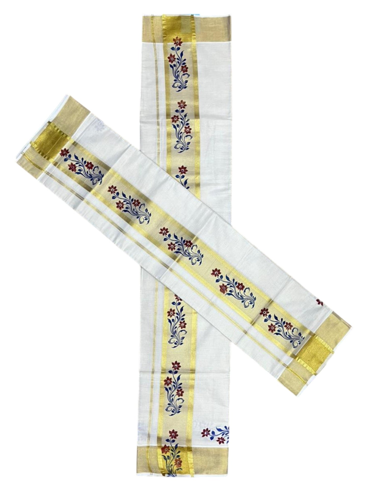 Southloom Pure Cotton Set Mundu with Gold Kasavu and Micro Stripes Across Body with Floral Print in Red and Blue 2.80 Mtrs SL405