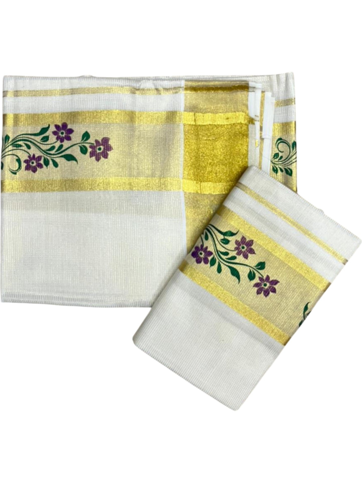 Southloom Pure Cotton Set Mundu with Gold Kasavu and Micro Stripes Across Body with Floral Print in Purple and Green 2.80 Mtrs SL405