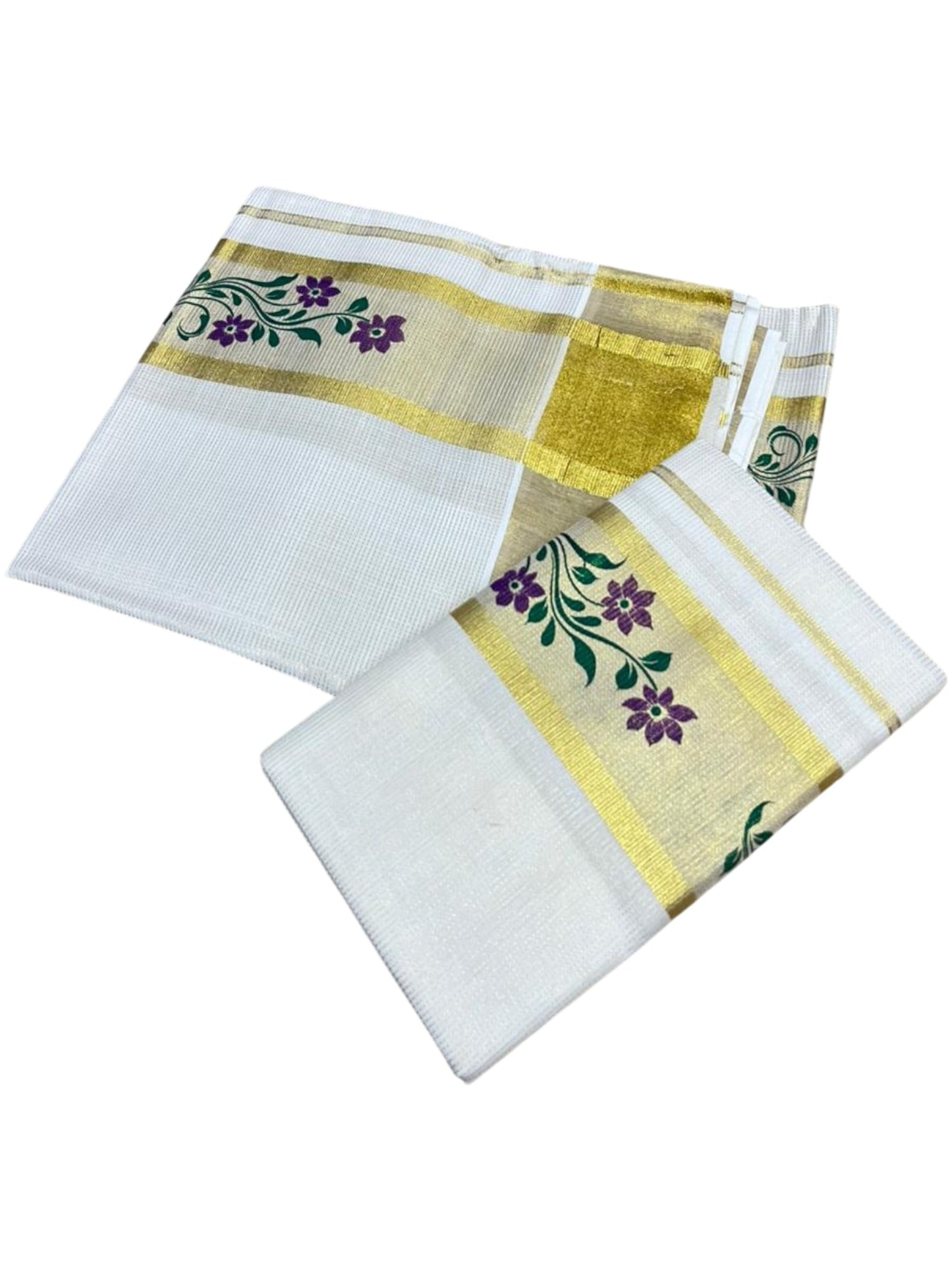 Southloom Pure Cotton Set Mundu with Gold Kasavu and Micro Stripes Across Body with Floral Print in Purple and Green 2.80 Mtrs SL405