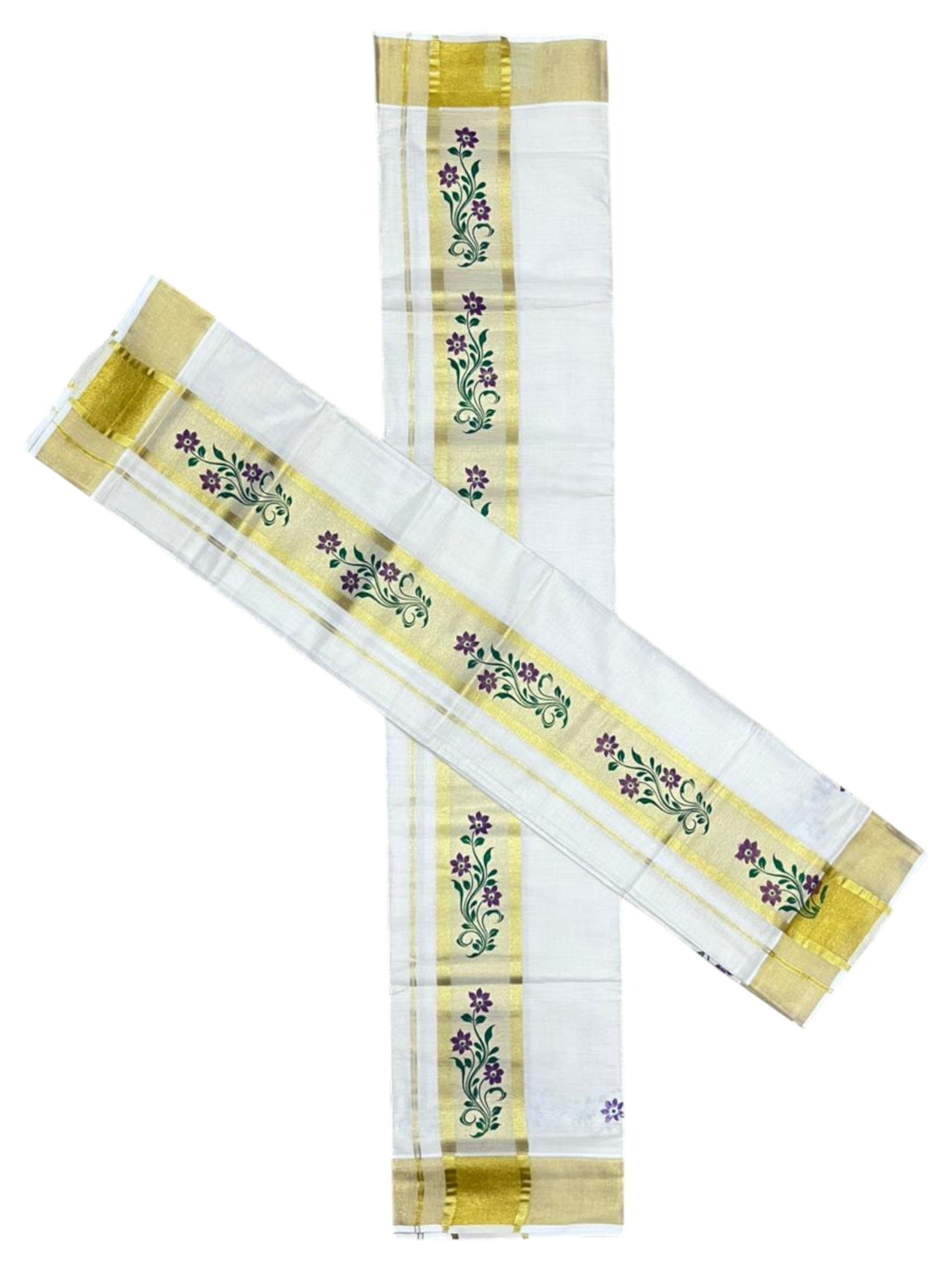 Southloom Pure Cotton Set Mundu with Gold Kasavu and Micro Stripes Across Body with Floral Print in Purple and Green 2.80 Mtrs SL405