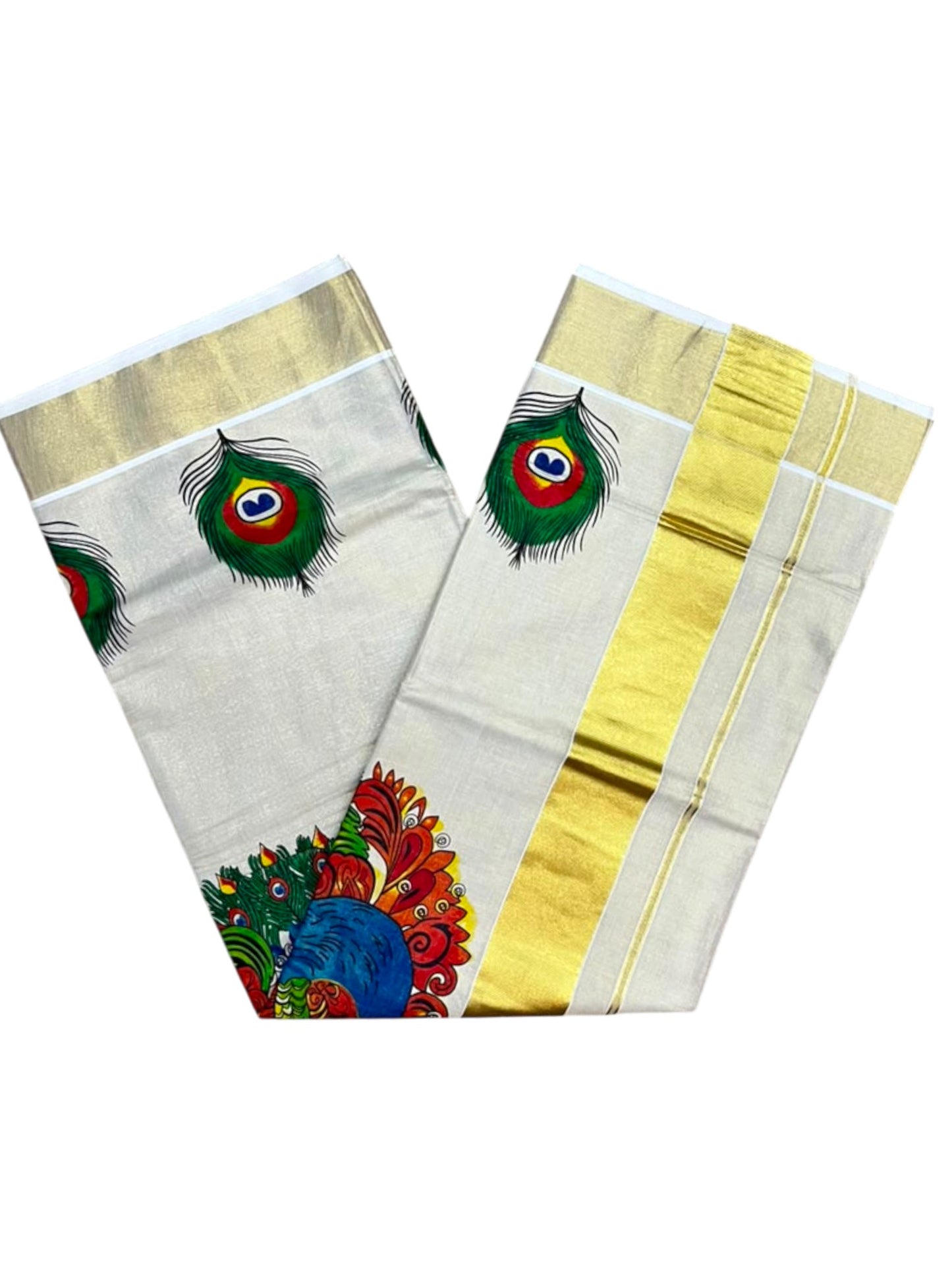Southloom Kerala Tissue Kasavu Saree with Peacock Mural Printed Design