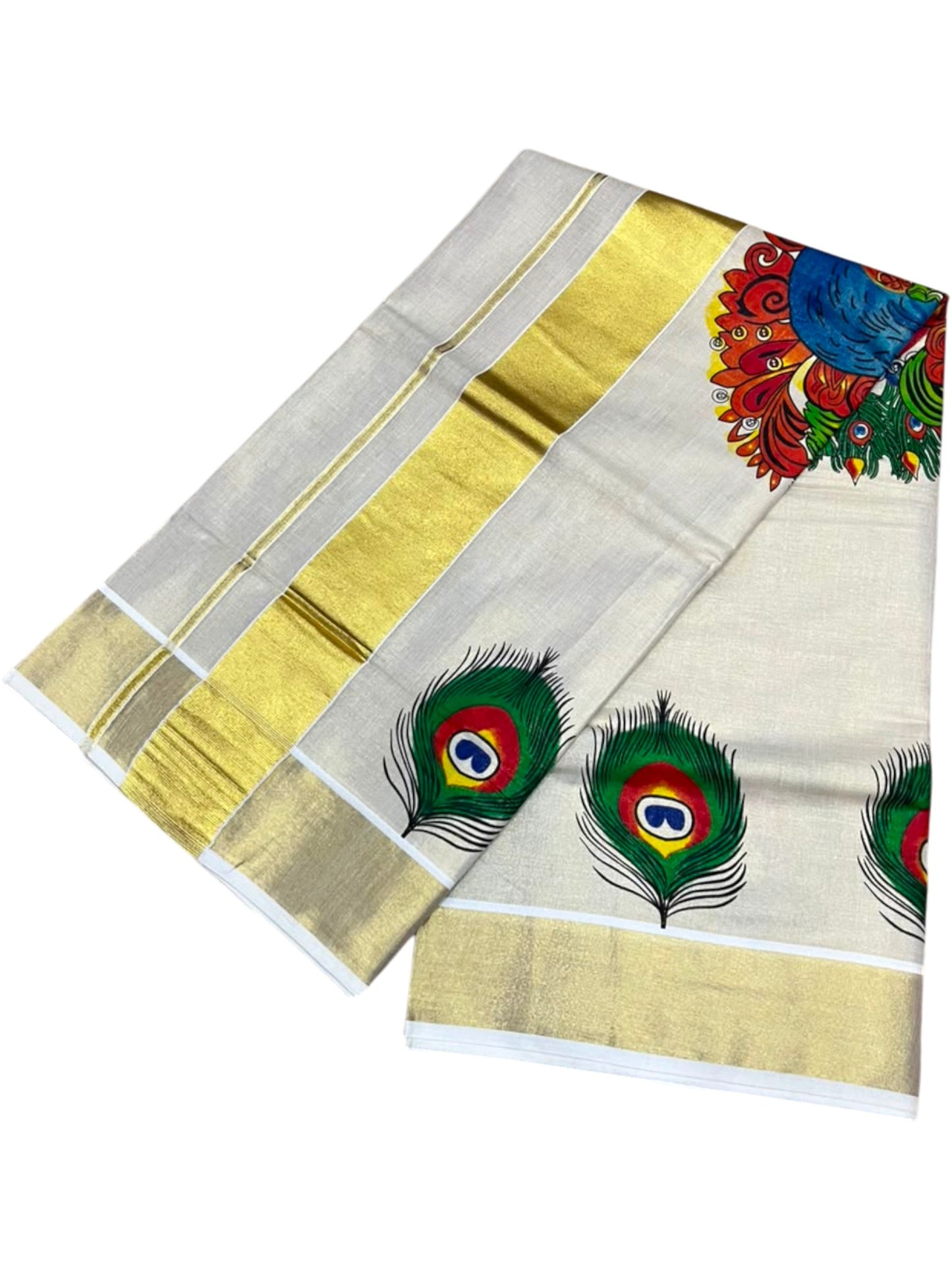 Southloom Kerala Tissue Kasavu Saree with Peacock Mural Printed Design
