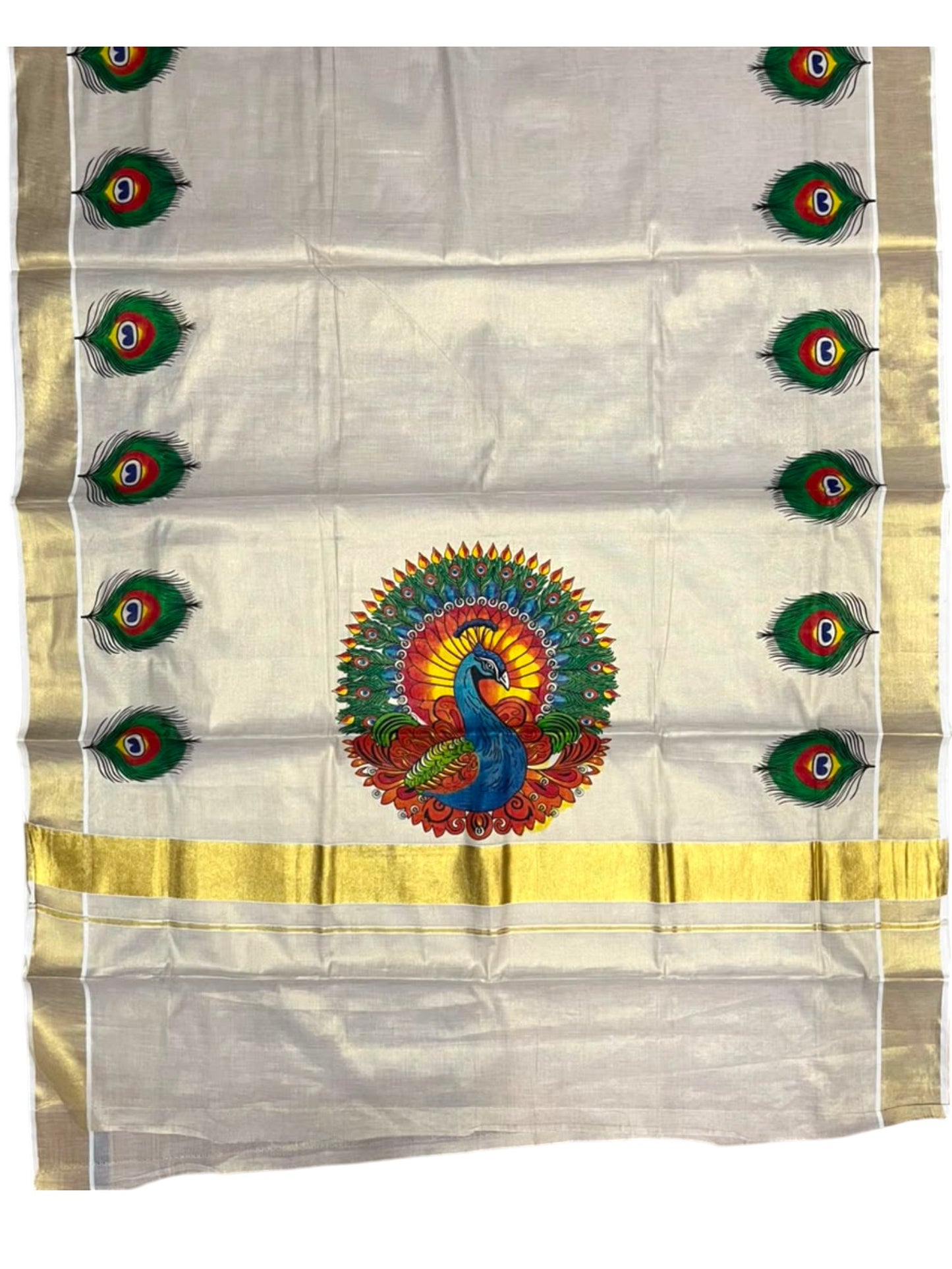 Southloom Kerala Tissue Kasavu Saree with Peacock Mural Printed Design