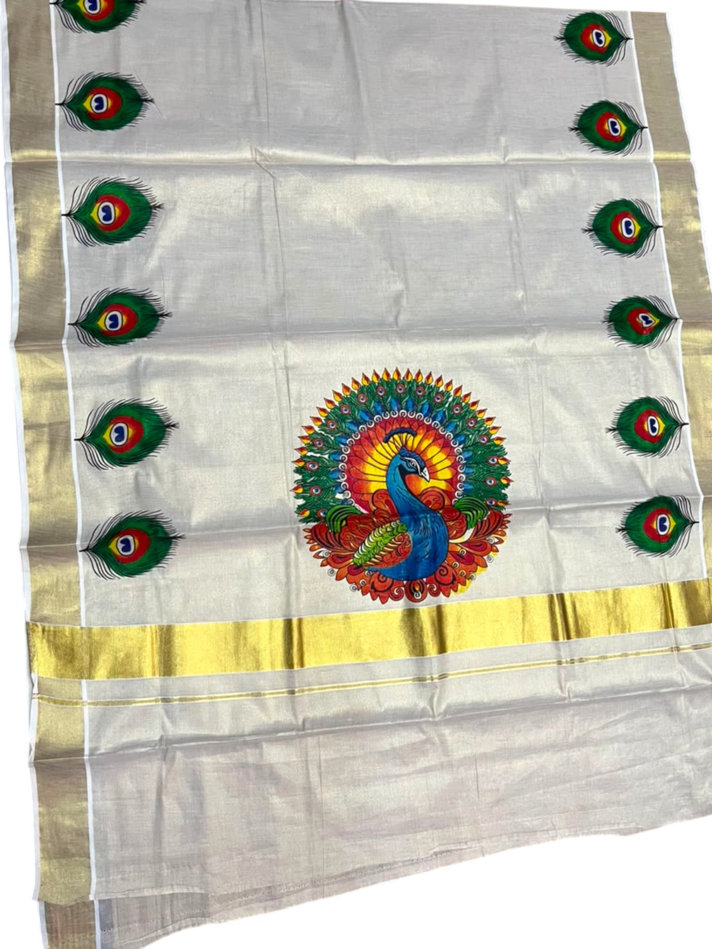 Southloom Kerala Tissue Kasavu Saree with Peacock Mural Printed Design