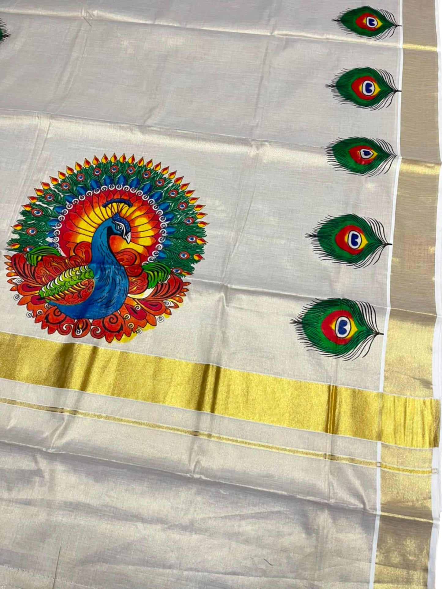 Southloom Kerala Tissue Kasavu Saree with Peacock Mural Printed Design