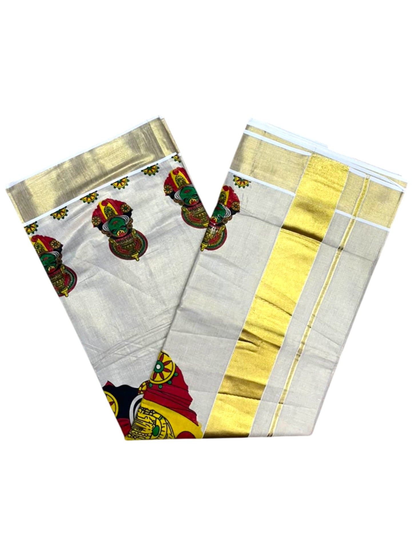 Southloom Kerala Tissue Kasavu Saree with Kathakali Mural Printed Design