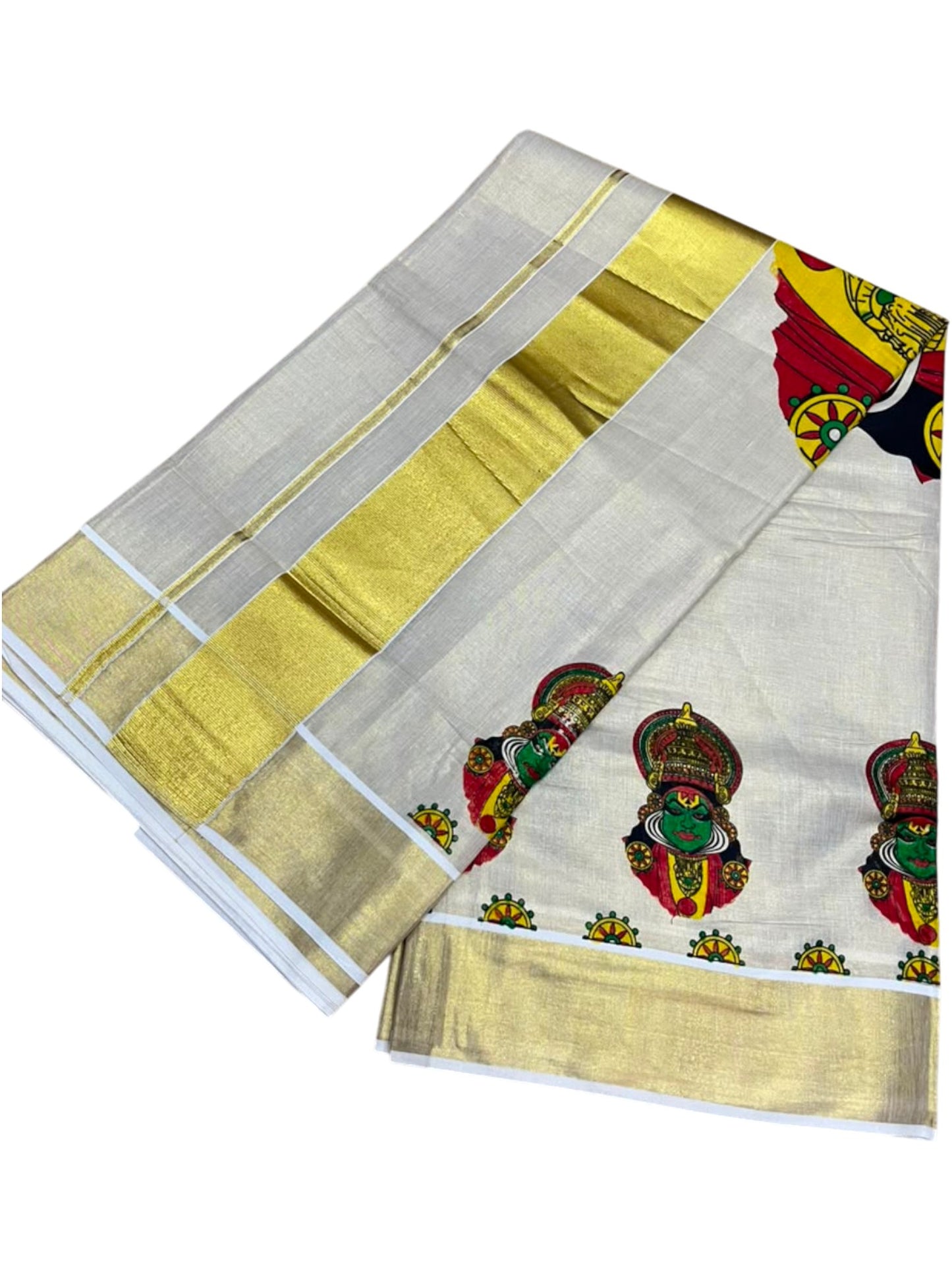 Southloom Kerala Tissue Kasavu Saree with Kathakali Mural Printed Design