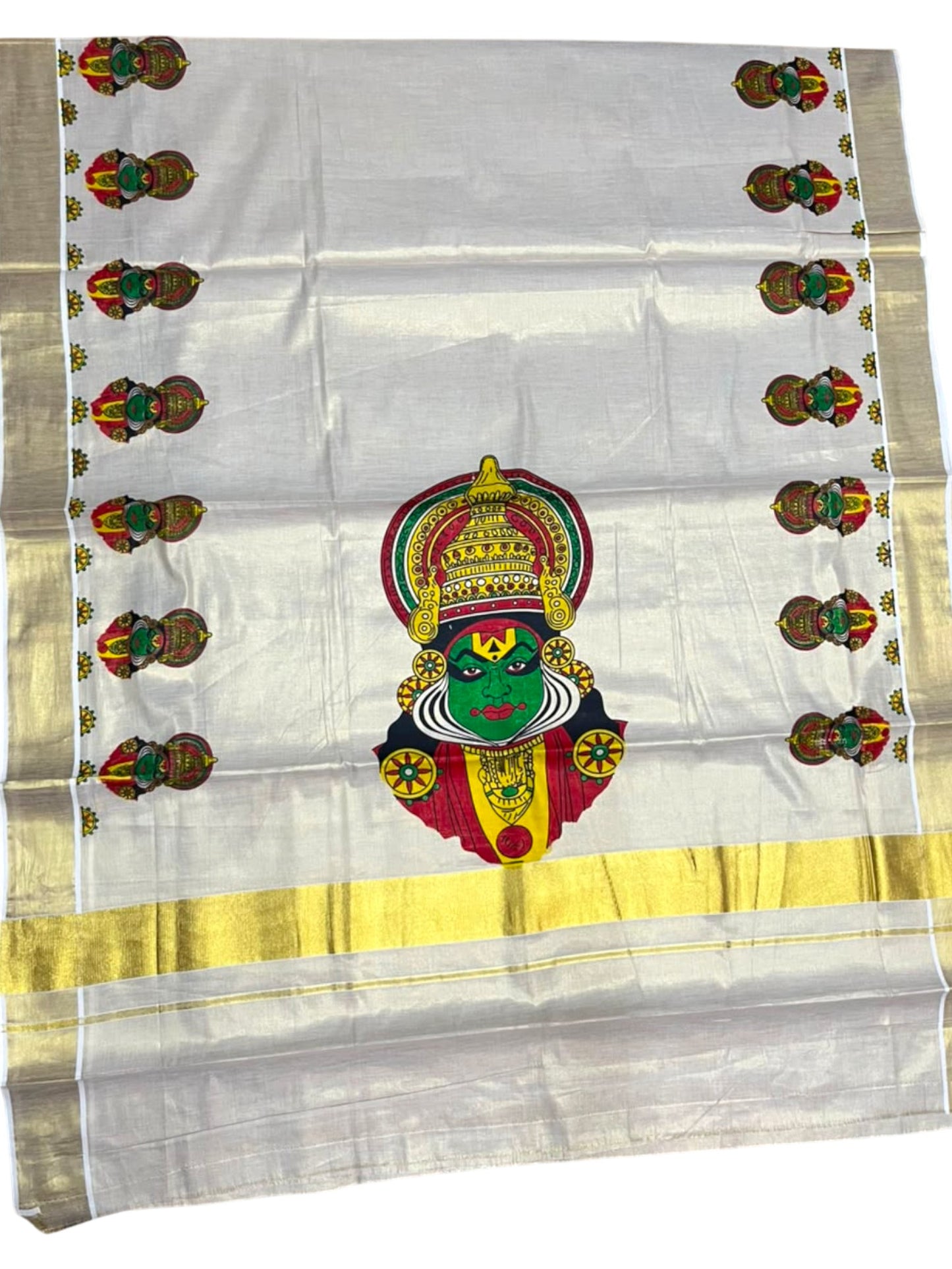 Southloom Kerala Tissue Kasavu Saree with Kathakali Mural Printed Design