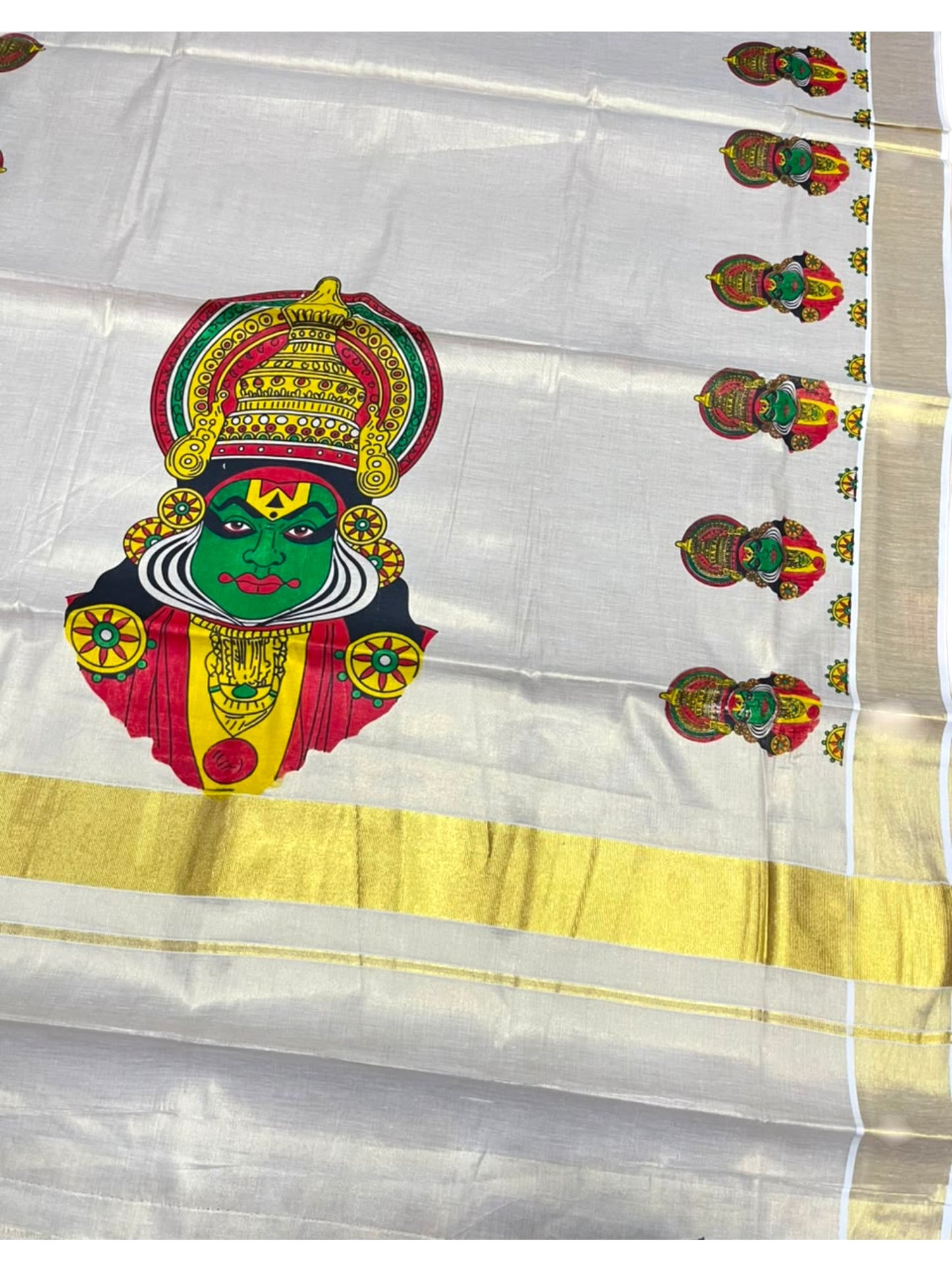 Southloom Kerala Tissue Kasavu Saree with Kathakali Mural Printed Design