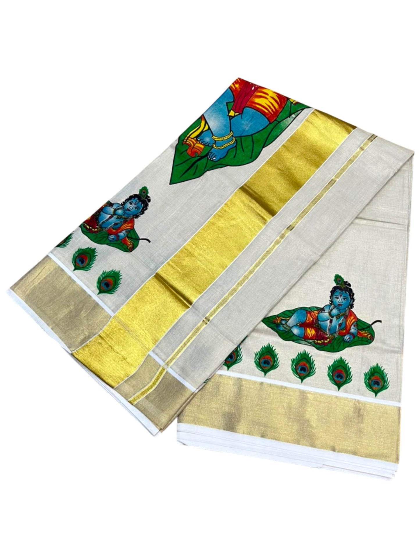 Southloom Kerala Tissue Kasavu Saree with Krishna Mural Printed Design