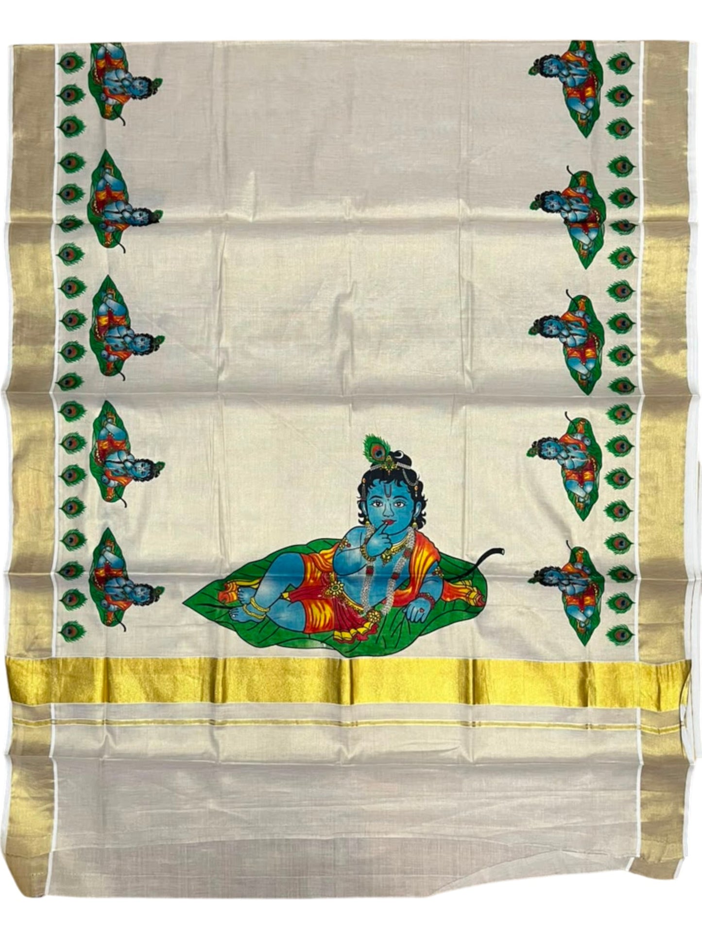Southloom Kerala Tissue Kasavu Saree with Krishna Mural Printed Design