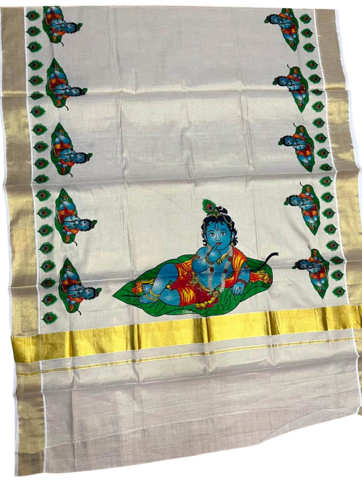 Southloom Kerala Tissue Kasavu Saree with Krishna Mural Printed Design