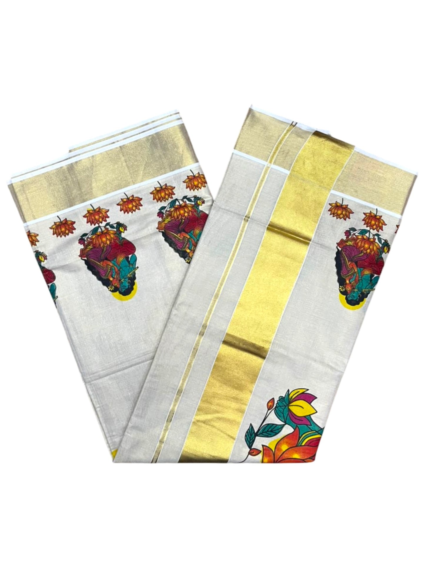 Southloom Kerala Tissue Kasavu Saree with Krishna Radha Mural Printed Design