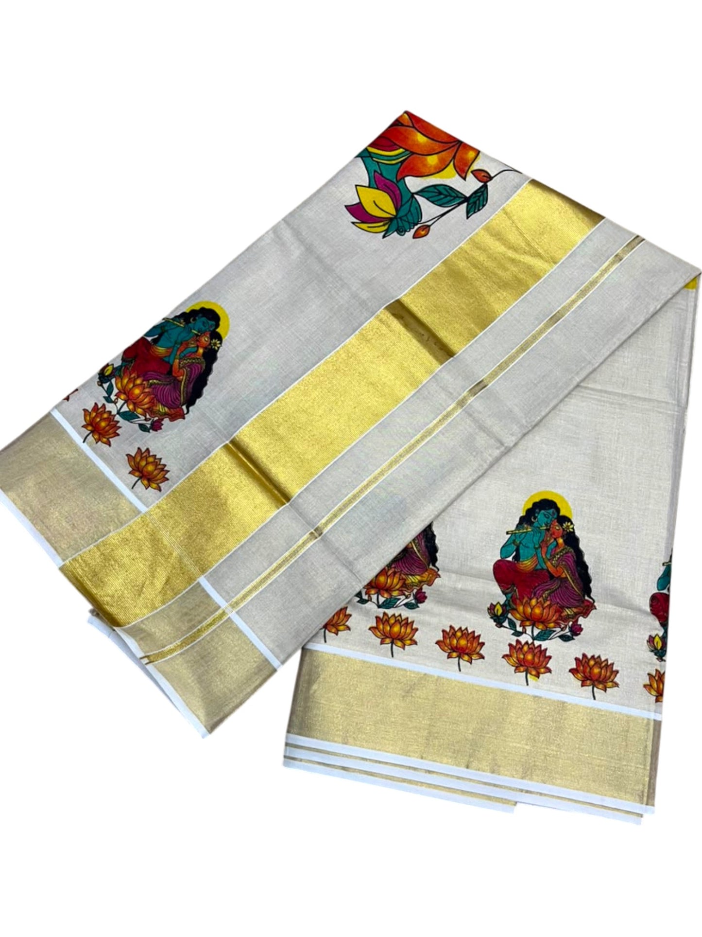 Southloom Kerala Tissue Kasavu Saree with Krishna Radha Mural Printed Design