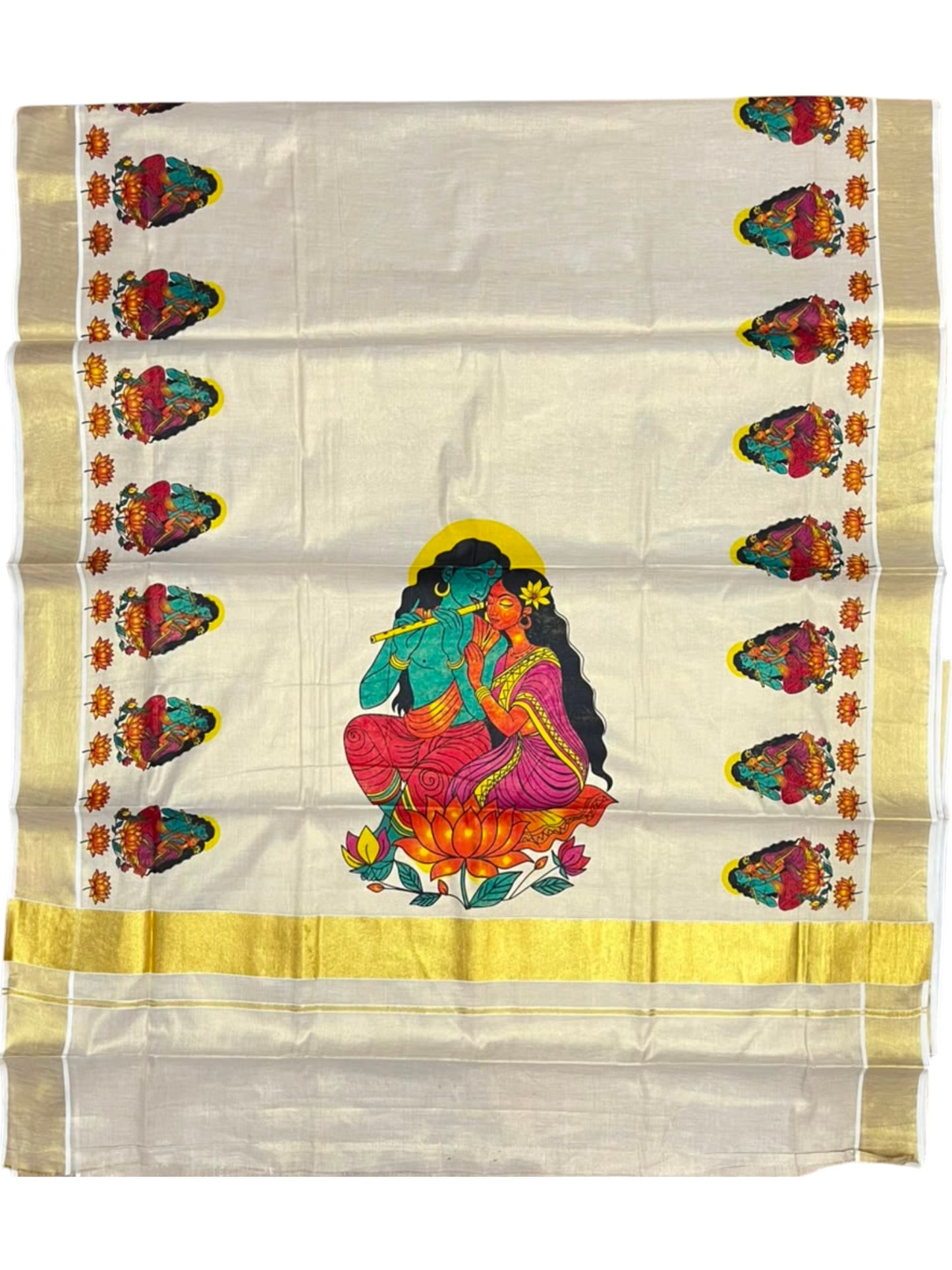 Southloom Kerala Tissue Kasavu Saree with Krishna Radha Mural Printed Design