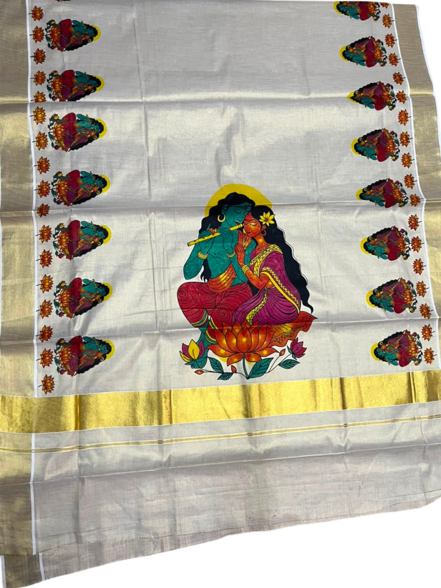 Southloom Kerala Tissue Kasavu Saree with Krishna Radha Mural Printed Design