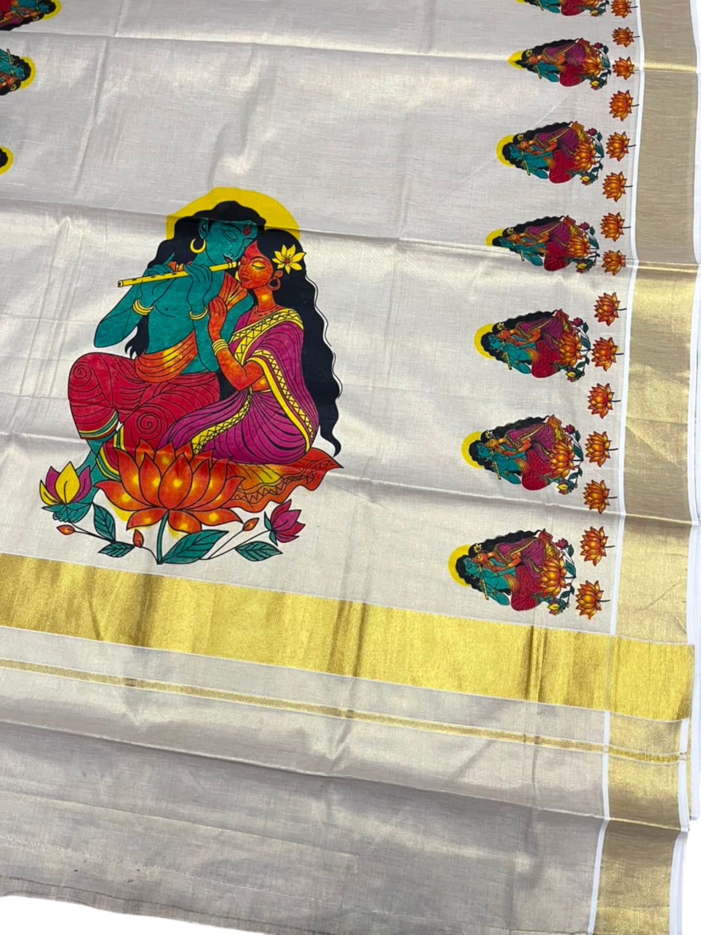 Southloom Kerala Tissue Kasavu Saree with Krishna Radha Mural Printed Design