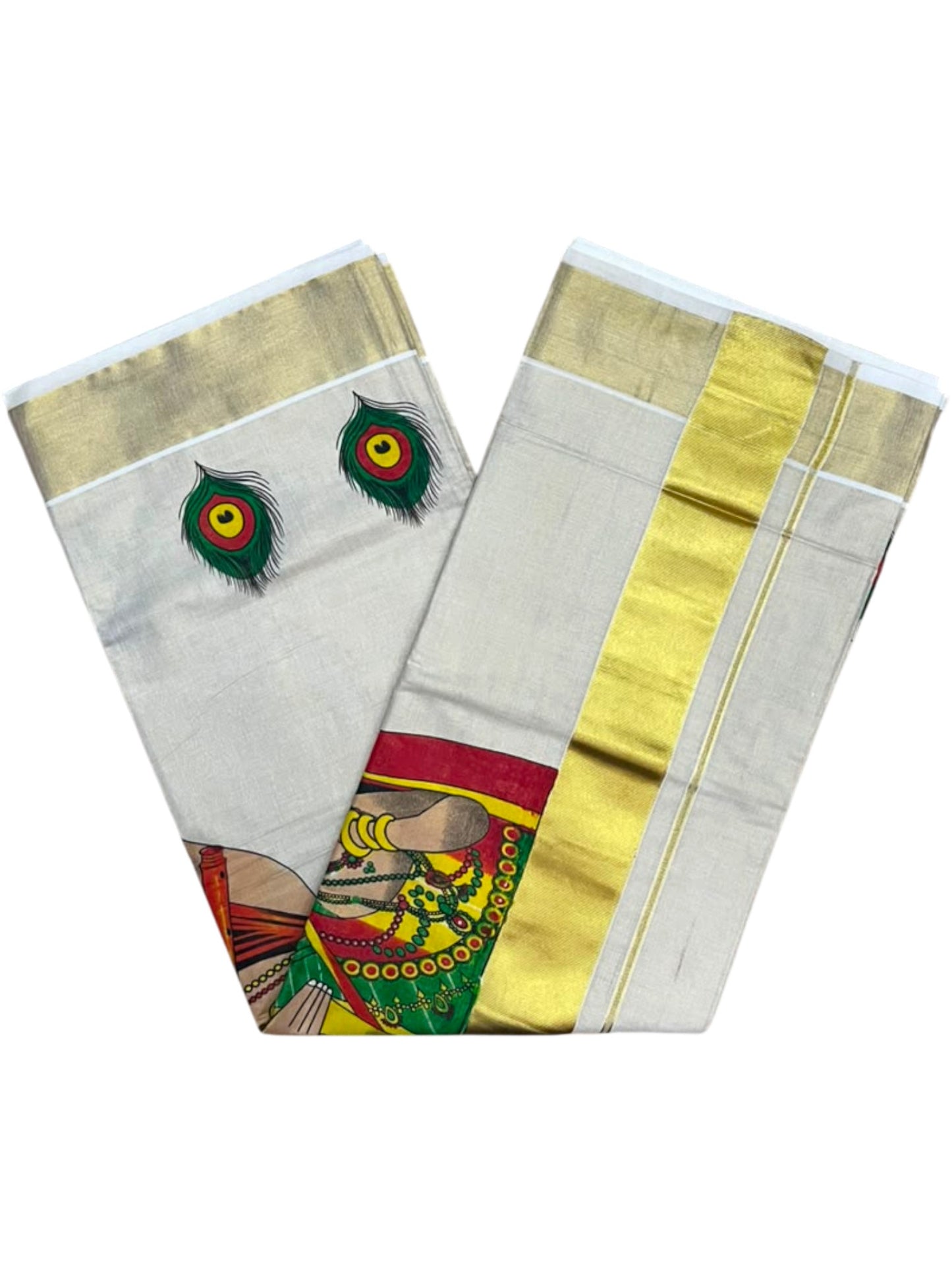 Southloom Kerala Tissue Kasavu Saree with Krishna Radha Mural Printed Design