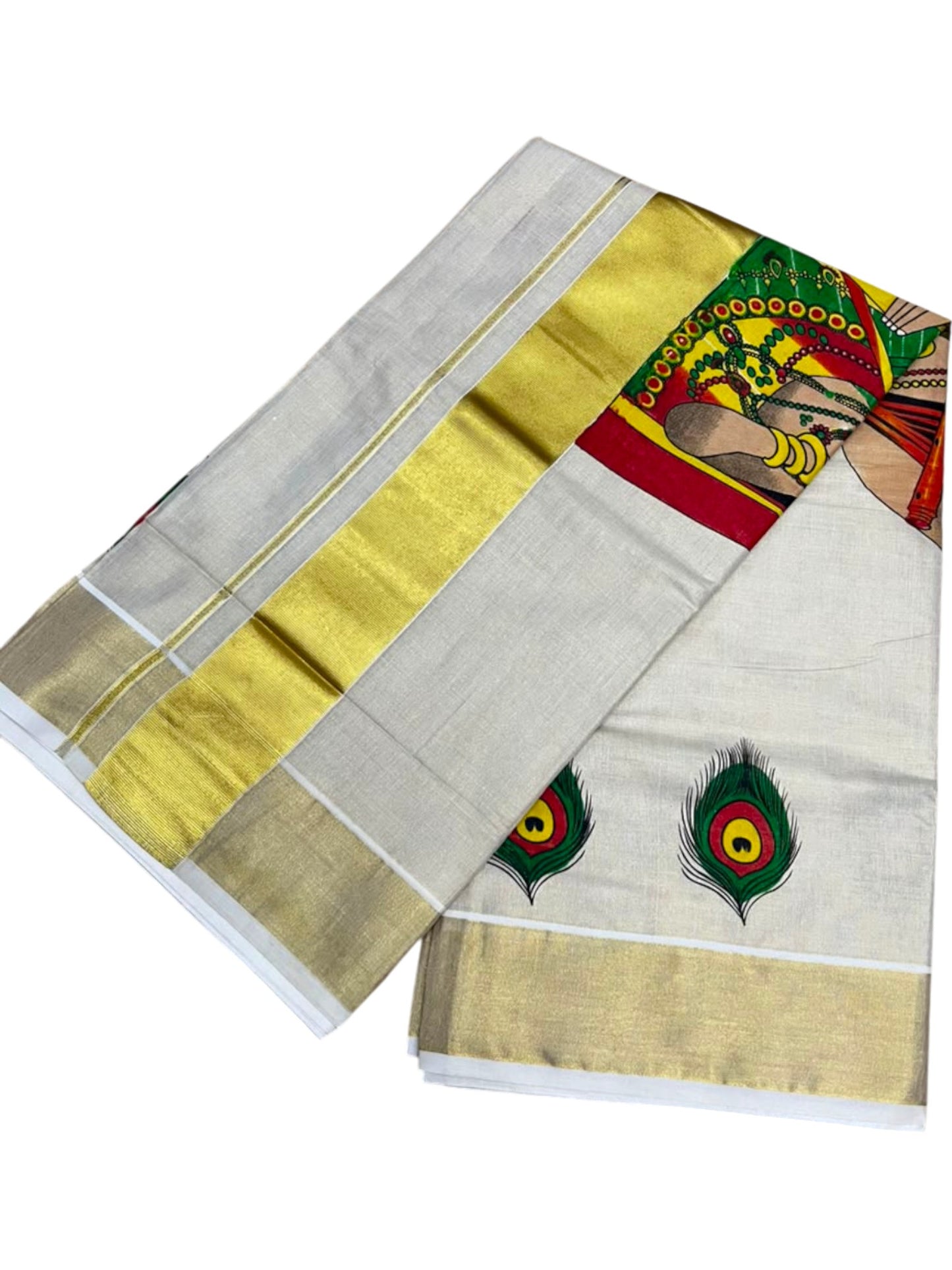 Southloom Kerala Tissue Kasavu Saree with Krishna Radha Mural Printed Design