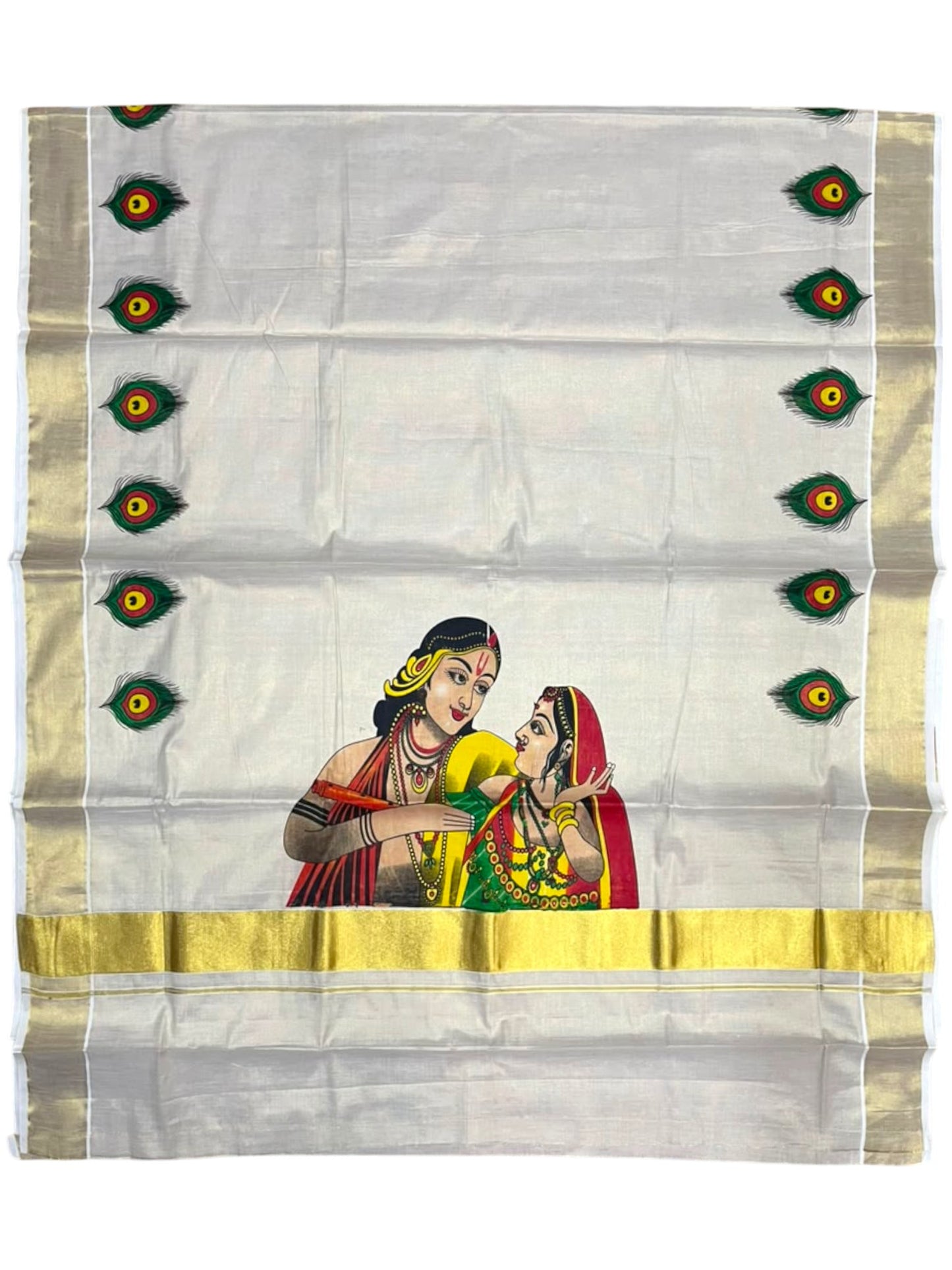 Southloom Kerala Tissue Kasavu Saree with Krishna Radha Mural Printed Design