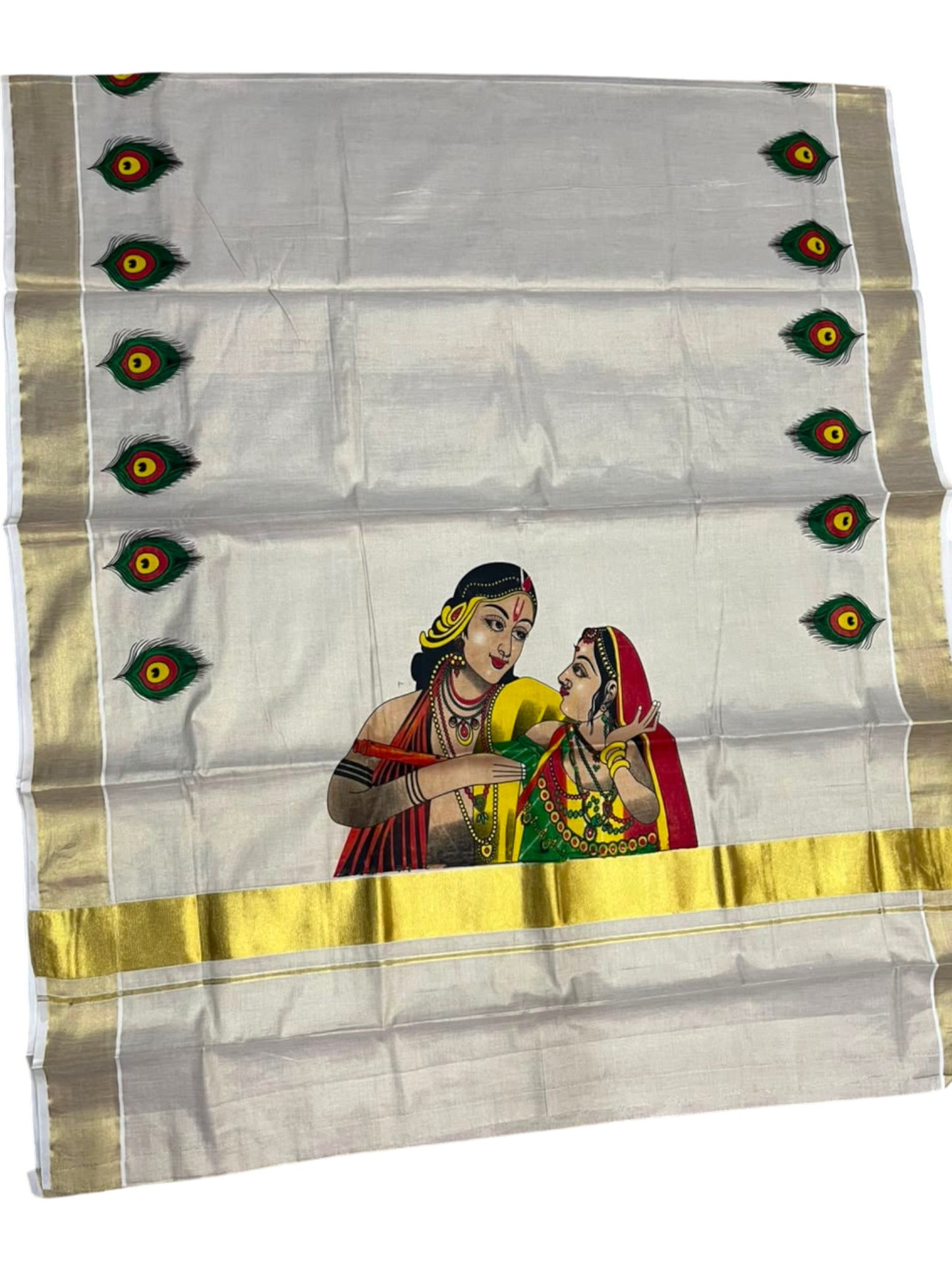 Southloom Kerala Tissue Kasavu Saree with Krishna Radha Mural Printed Design