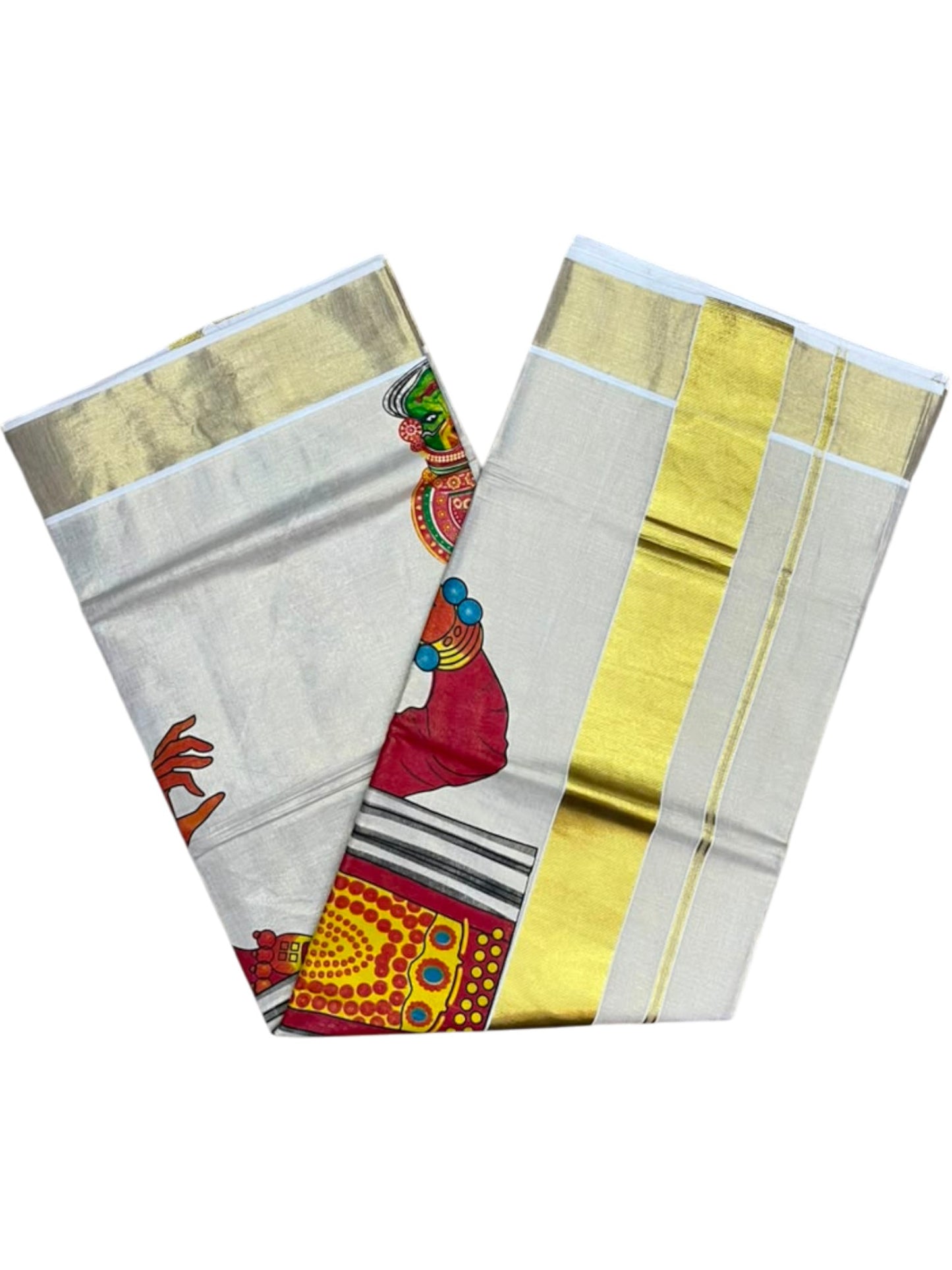 Southloom Kerala Tissue Kasavu Saree with Kathakali Mural Printed Design