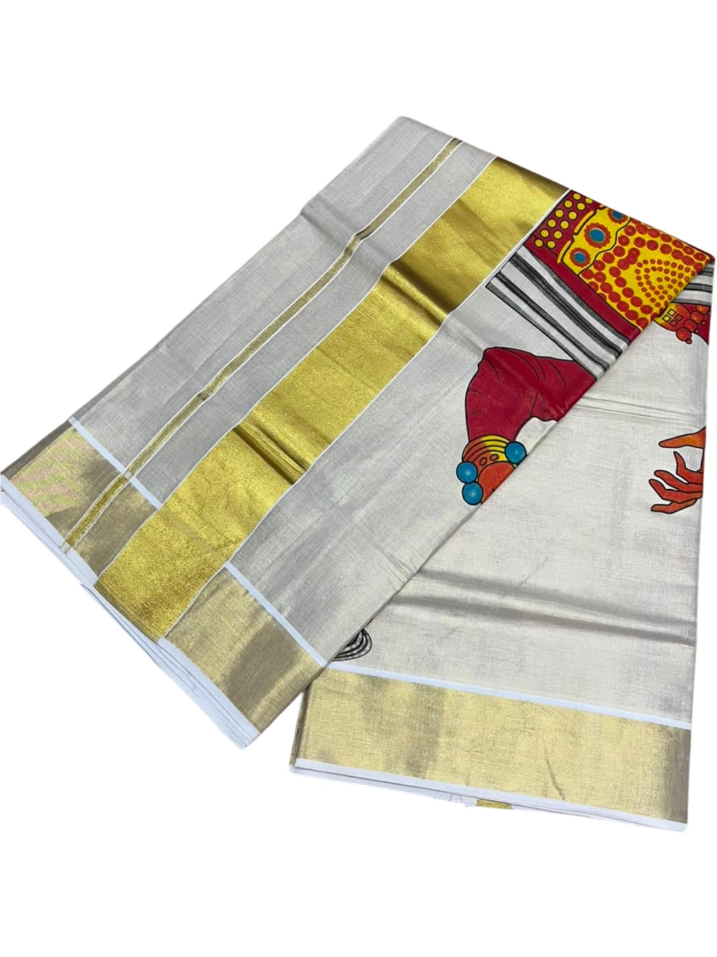Southloom Kerala Tissue Kasavu Saree with Kathakali Mural Printed Design