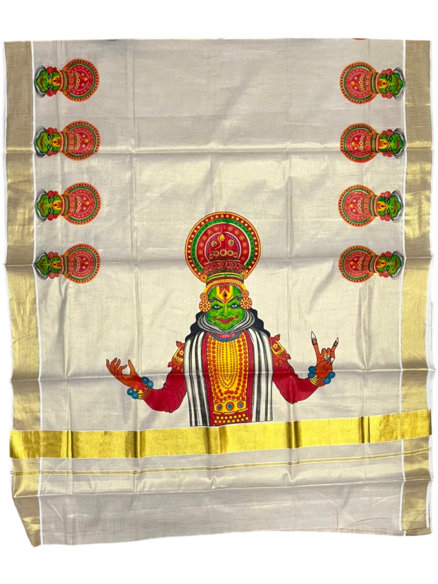 Southloom Kerala Tissue Kasavu Saree with Kathakali Mural Printed Design