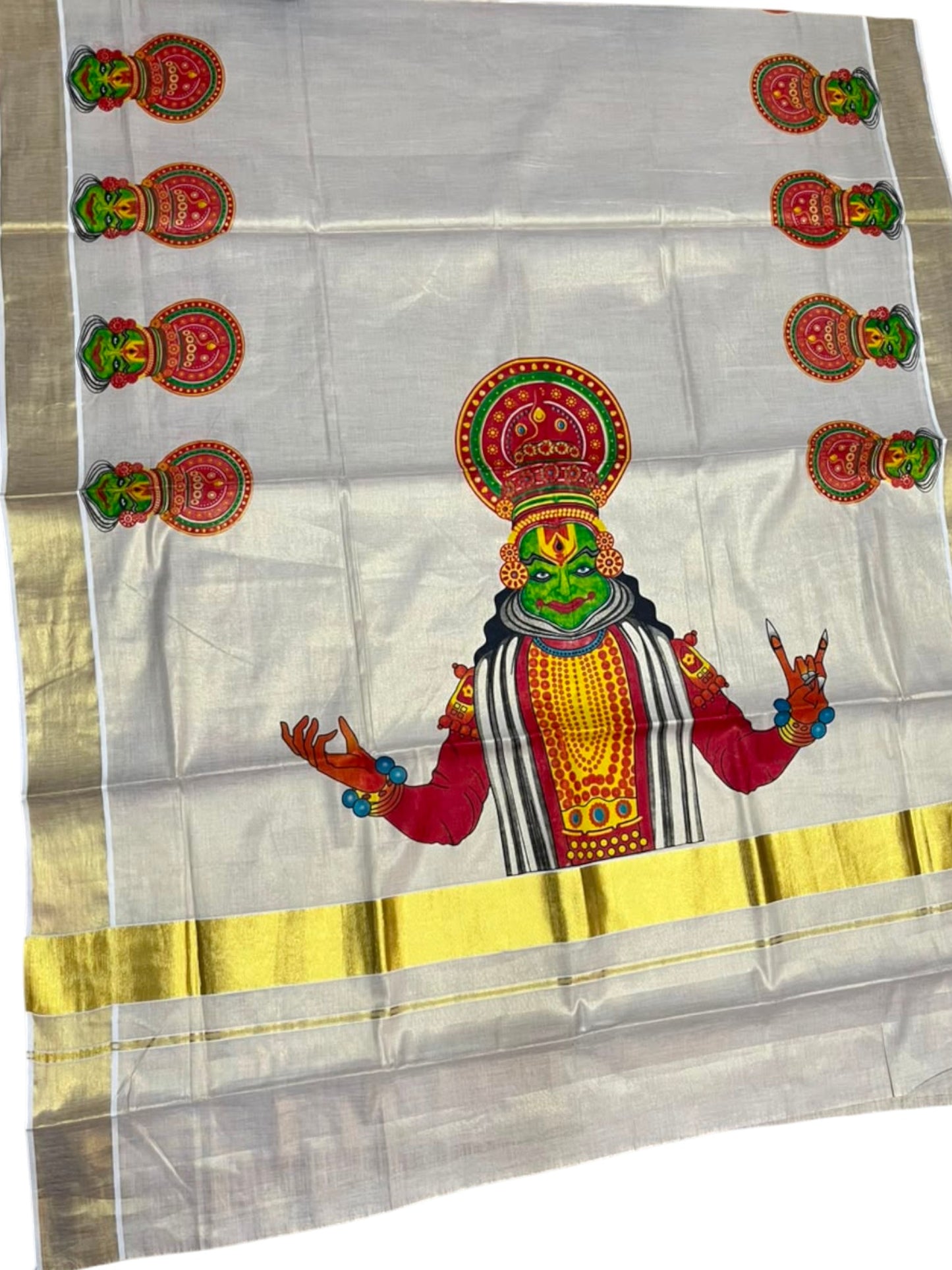 Southloom Kerala Tissue Kasavu Saree with Kathakali Mural Printed Design