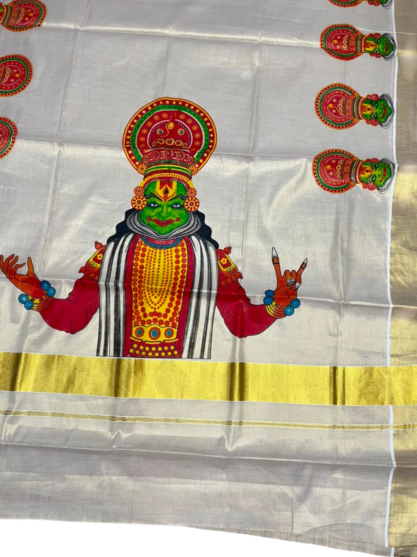 Southloom Kerala Tissue Kasavu Saree with Kathakali Mural Printed Design