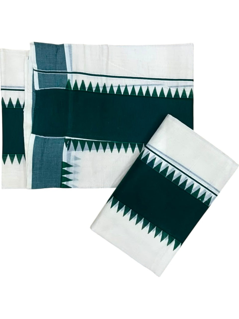 Southloom Kerala Pure Cotton Set Mundu Single (Mundum Neriyathum) with Green Temple Border 2.80 Mtrs SL500