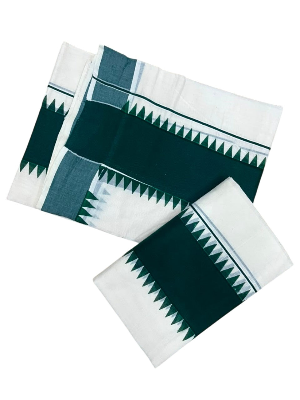 Southloom Kerala Pure Cotton Set Mundu Single (Mundum Neriyathum) with Green Temple Border 2.80 Mtrs SL500