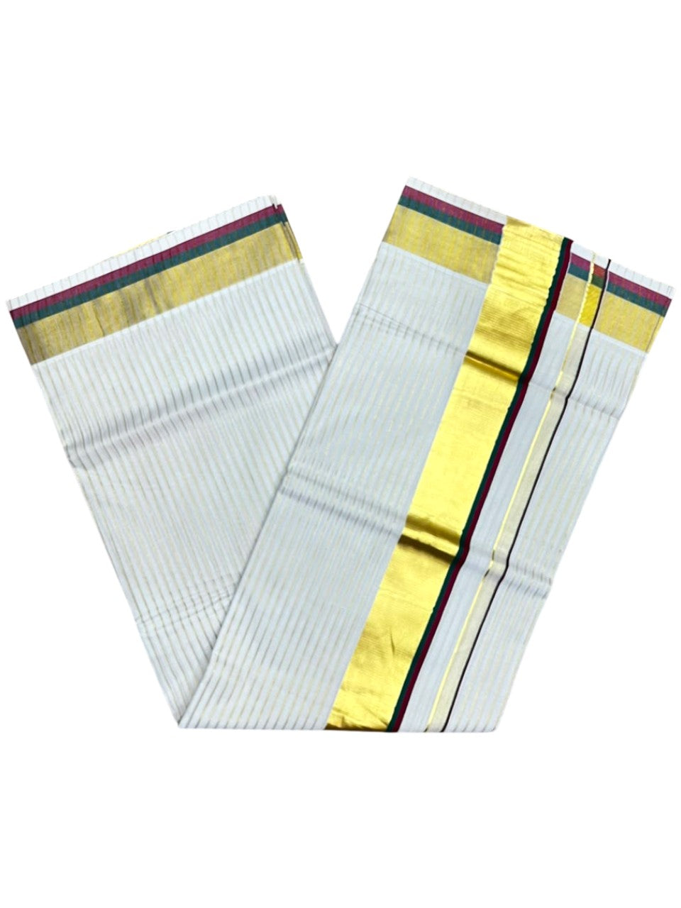 Southloom Kerala Cotton Kasavu Saree with Stripes on Body In Maroon & Green Border SL505