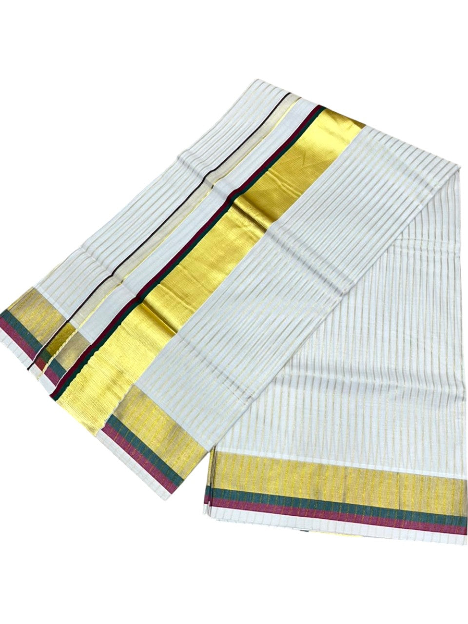 Southloom Kerala Cotton Kasavu Saree with Stripes on Body In Maroon & Green Border SL505
