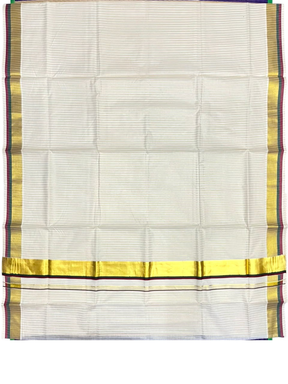Southloom Kerala Cotton Kasavu Saree with Stripes on Body In Maroon & Green Border SL505