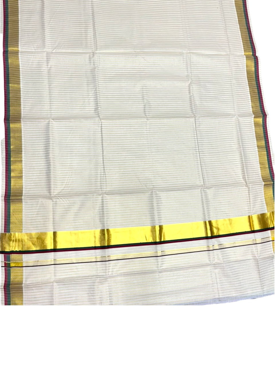 Southloom Kerala Cotton Kasavu Saree with Stripes on Body In Maroon & Green Border SL505
