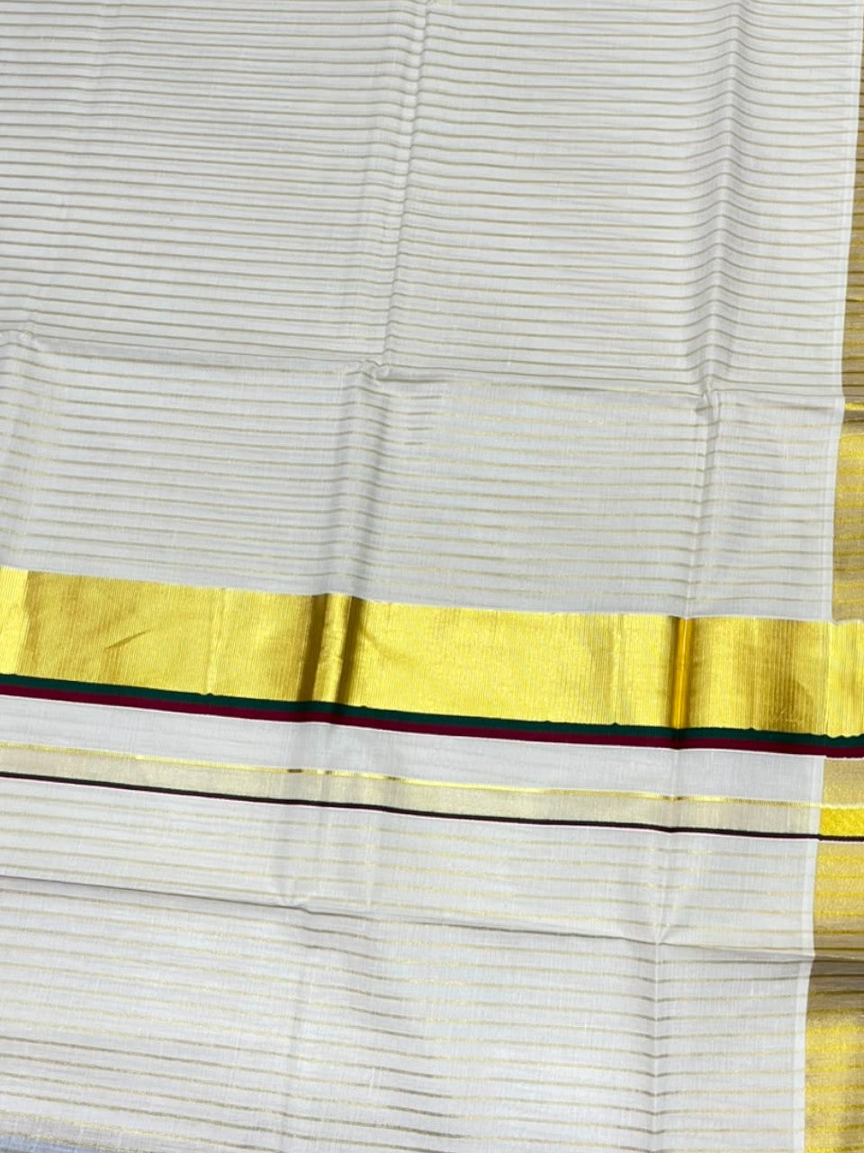 Southloom Kerala Cotton Kasavu Saree with Stripes on Body In Maroon & Green Border SL505