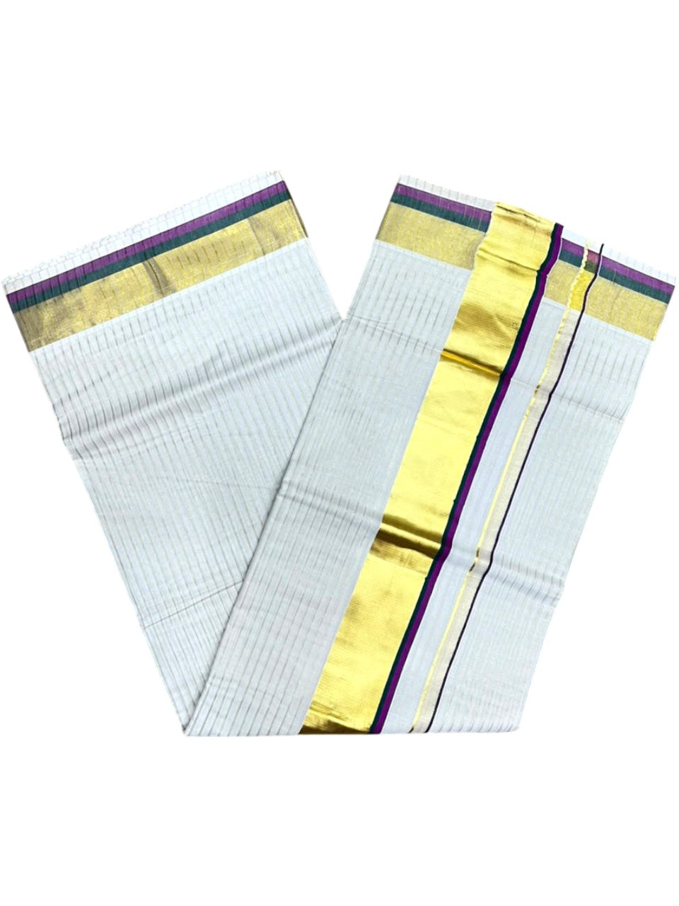 Southloom Kerala Cotton Kasavu Saree with Stripes on Body In Magenta & Green Border SL505