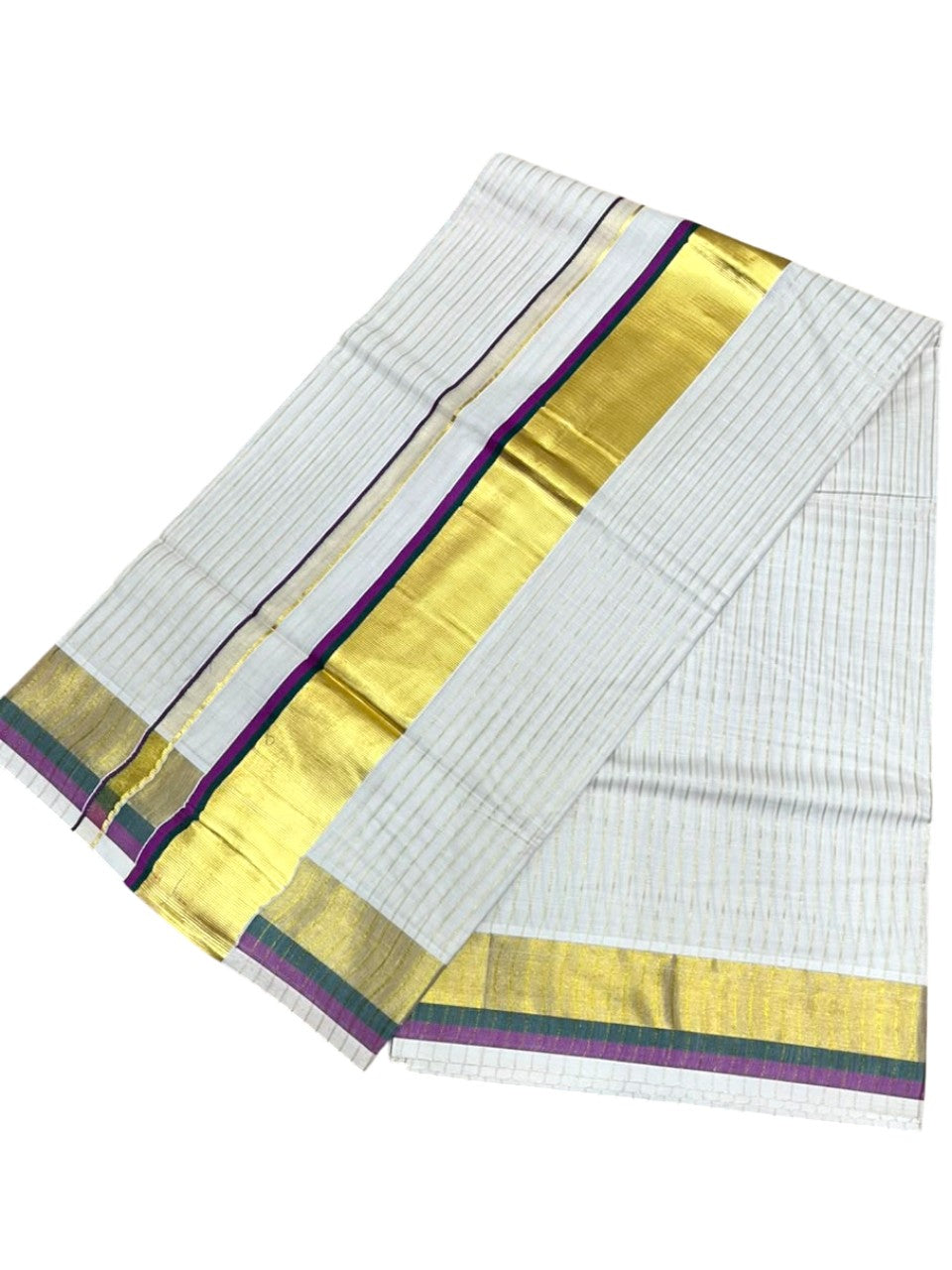 Southloom Kerala Cotton Kasavu Saree with Stripes on Body In Magenta & Green Border SL505
