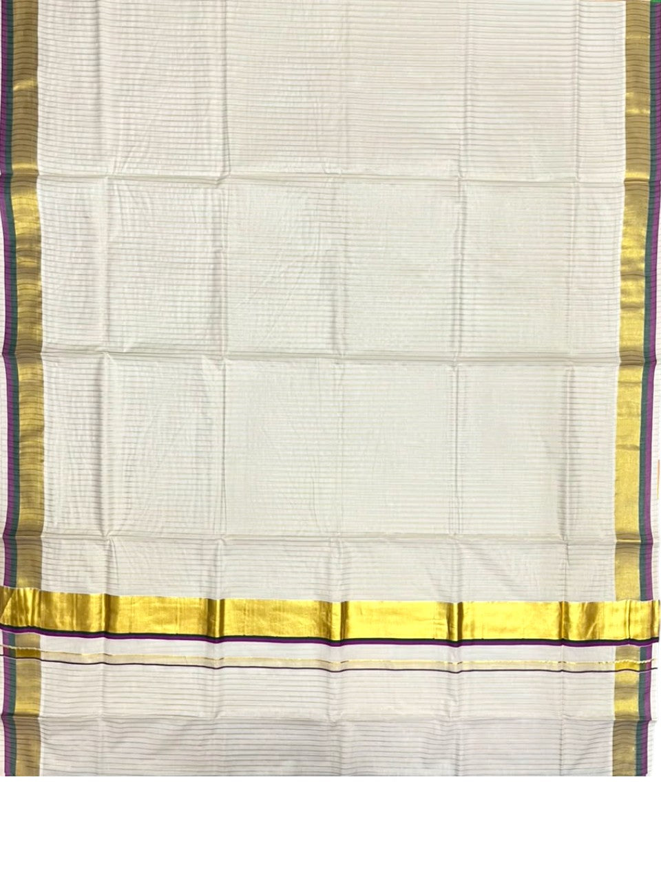 Southloom Kerala Cotton Kasavu Saree with Stripes on Body In Magenta & Green Border SL505