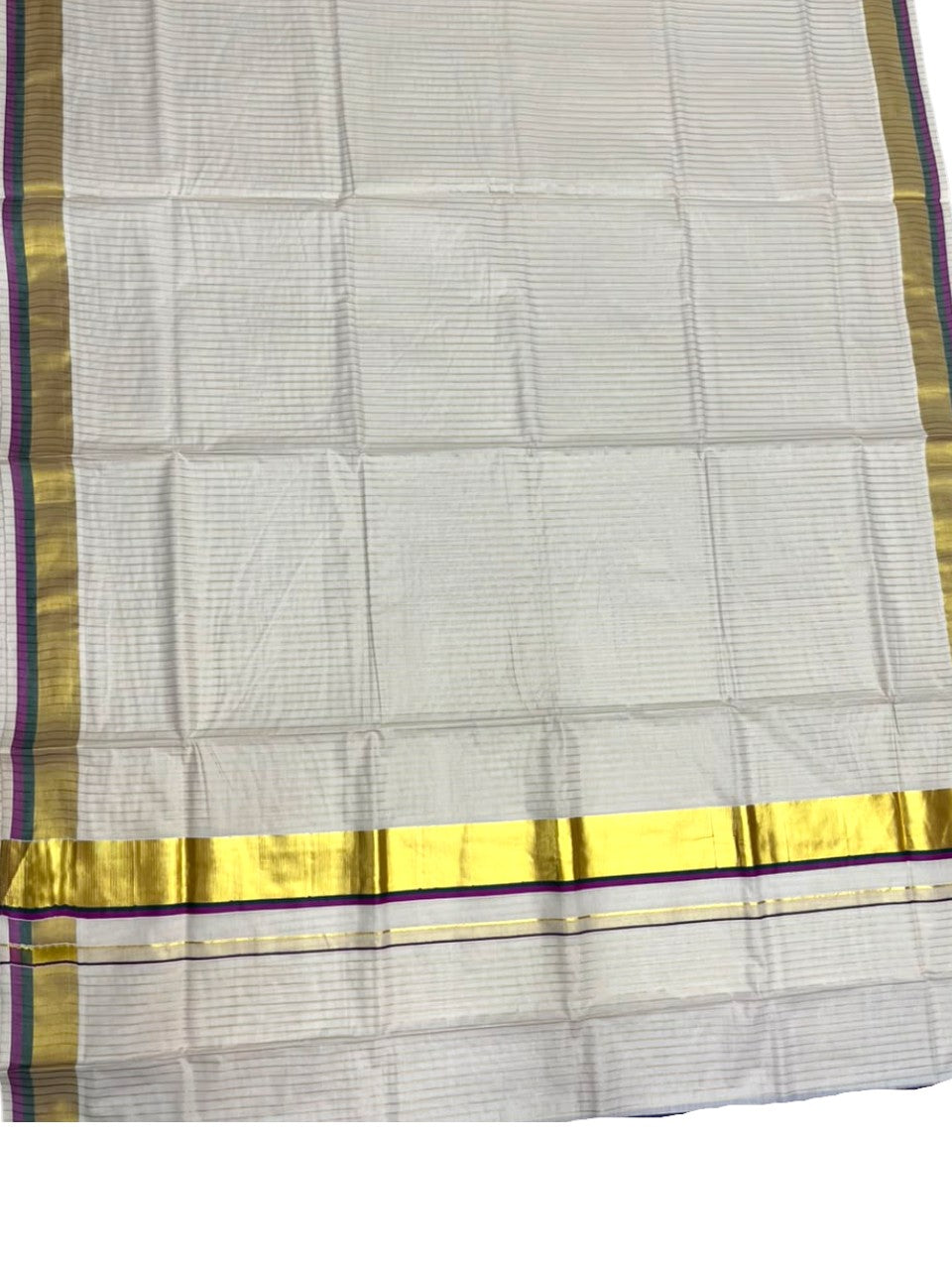 Southloom Kerala Cotton Kasavu Saree with Stripes on Body In Magenta & Green Border SL505